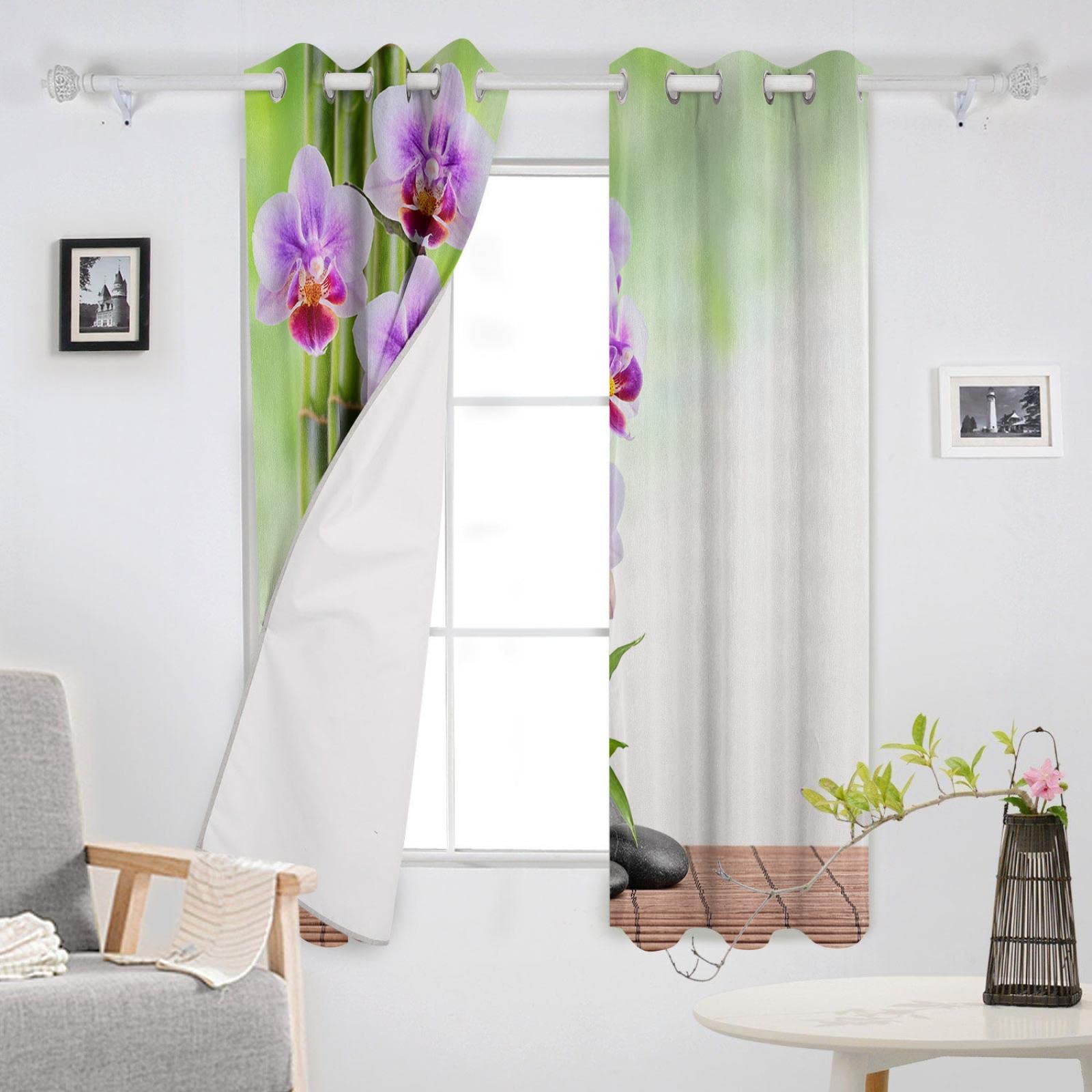 Moderne Fenstervorhänge mit Bambus-Orchideen-Zen-Motiv für Wohnzimmer, Schlafzimmer, Küche, Fenstervorhänge, Heim- und Hoteldekoration, 70 x 180 cm (B x H) x 2