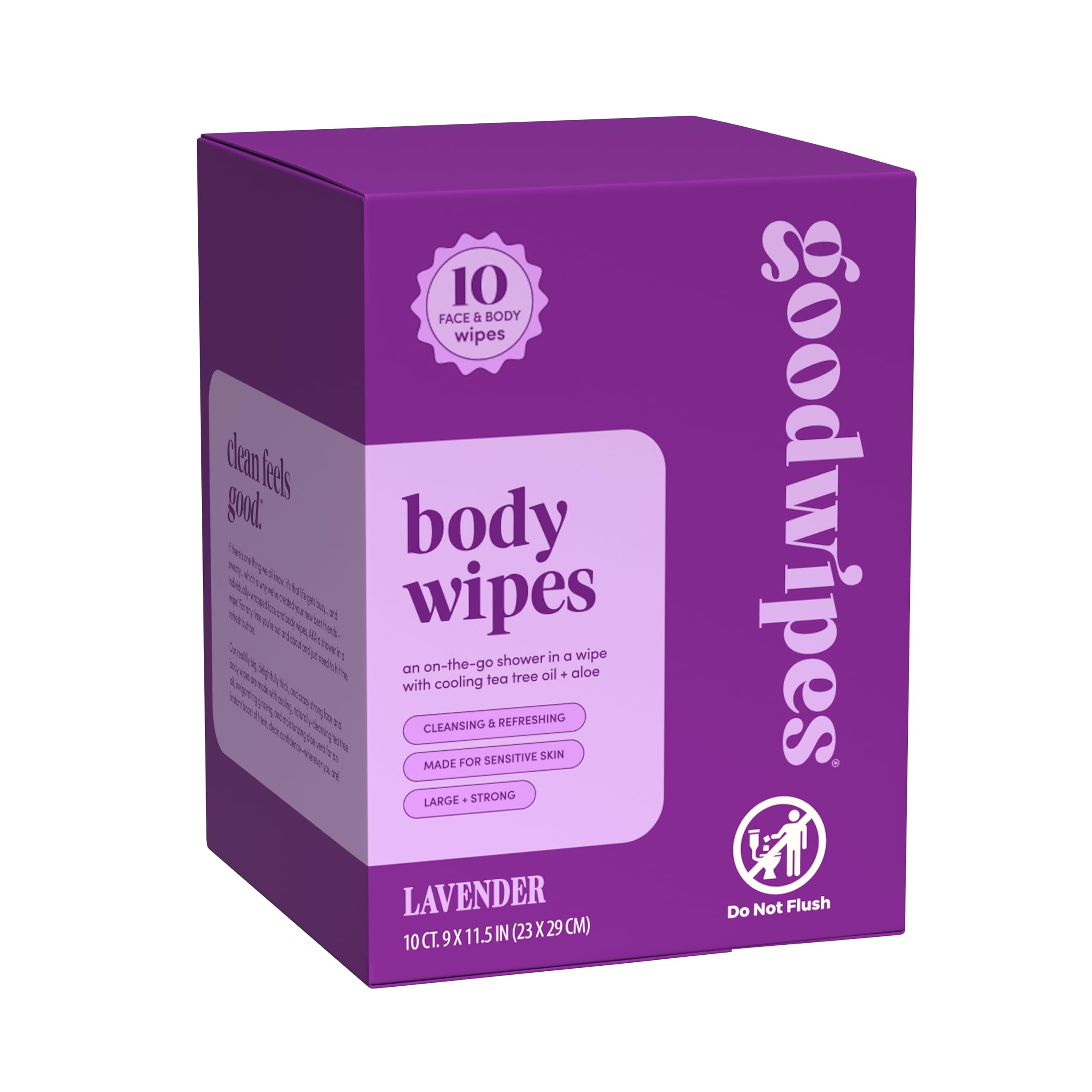 Goodwipes Body Wipes, Really Big for All Over, Made with Aloe, Plant Based and Hypoallergenic, Wipe Away Sweat and Odor, For Face and Body-Lavender, 10 Count
