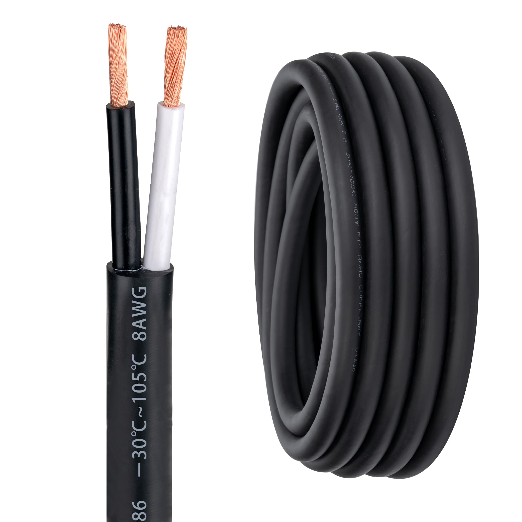 8 Awg 2 Wire Cable 8/2 Wire 100FT 600V 8 AWG 2 Conductor for Motor Leads, Portable Lights, Battery Chargers, Machinery, Large Speakers (8AWG-2C, 100FT