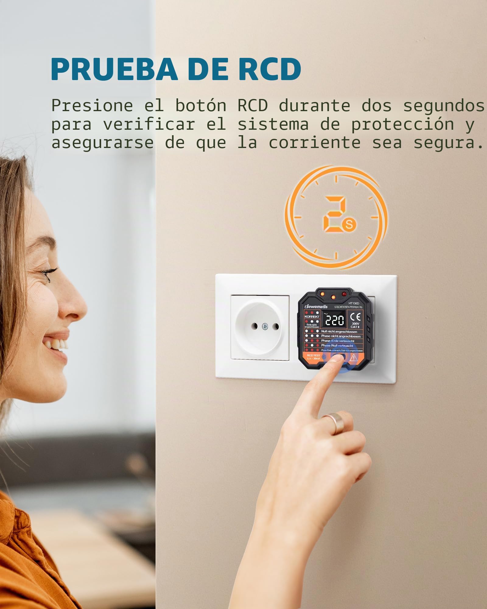 DEWENWILS Probador de Enchufes con Prueba RCD y Pantalla de Voltaje LCD, Pantalla de Luz Indicadora, Prueba FI, 48-250V/45-65Hz, CAT ll 300V