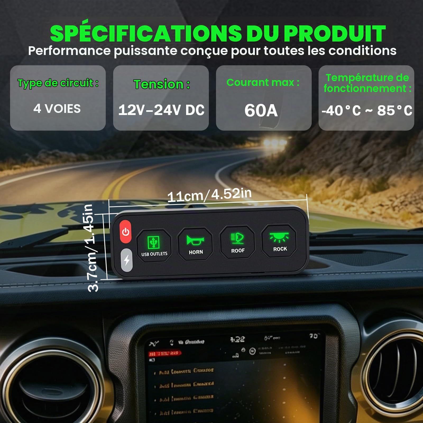 Chelhead Panneau de commande sans fil à 4 interrupteurs une rangée avec interrupteurs à bascule et stroboscope système de relais de contrôle de circuit universel 12 V-24V fixation magnétique