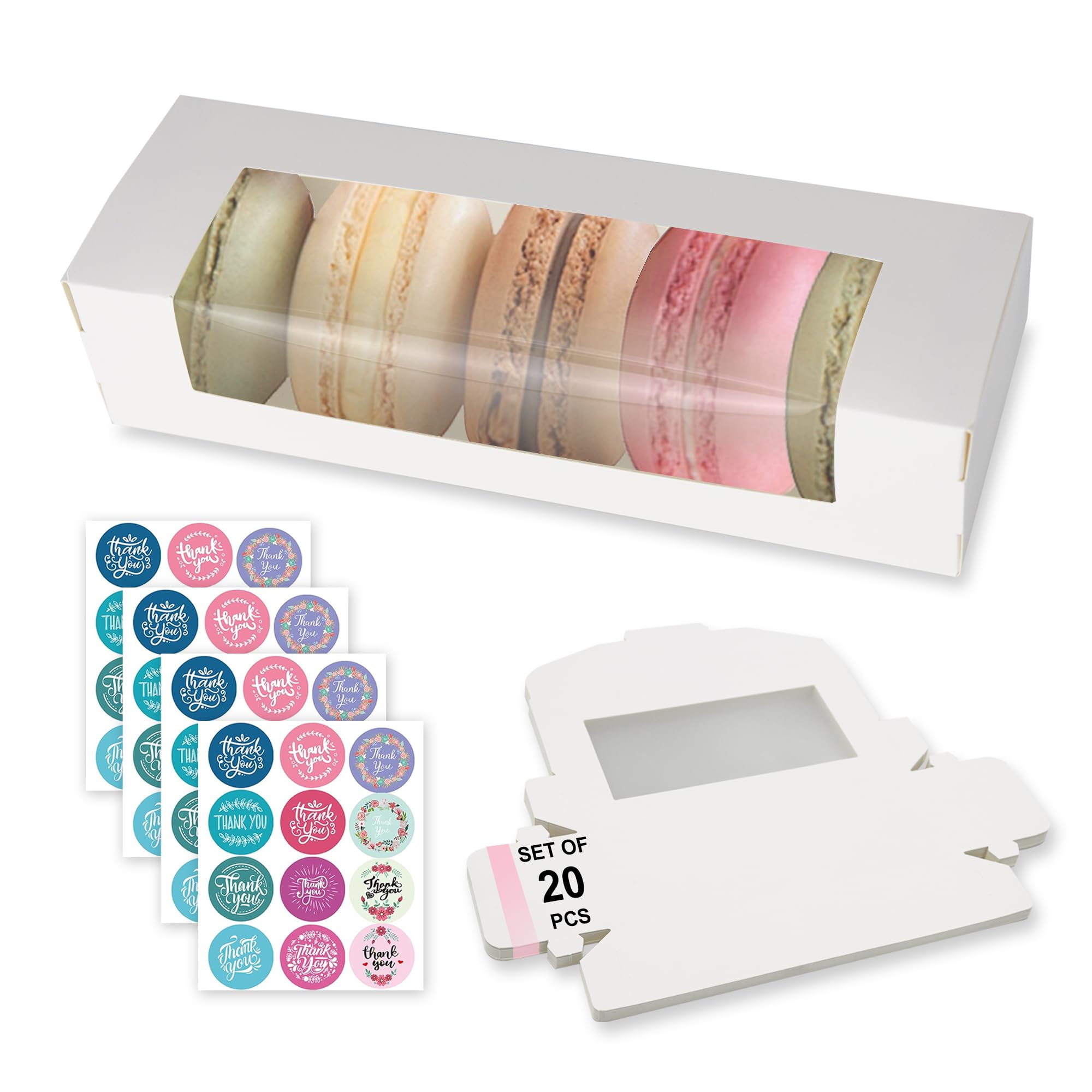 Lot de 20 boîtes à macarons pour 7 macarons avec autocollants, 21,8 x 7,1 x 5,1 cm, petites boîtes à dessert avec fenêtre, emballages de pâtisseries pour cupcakes, muffins, beignets