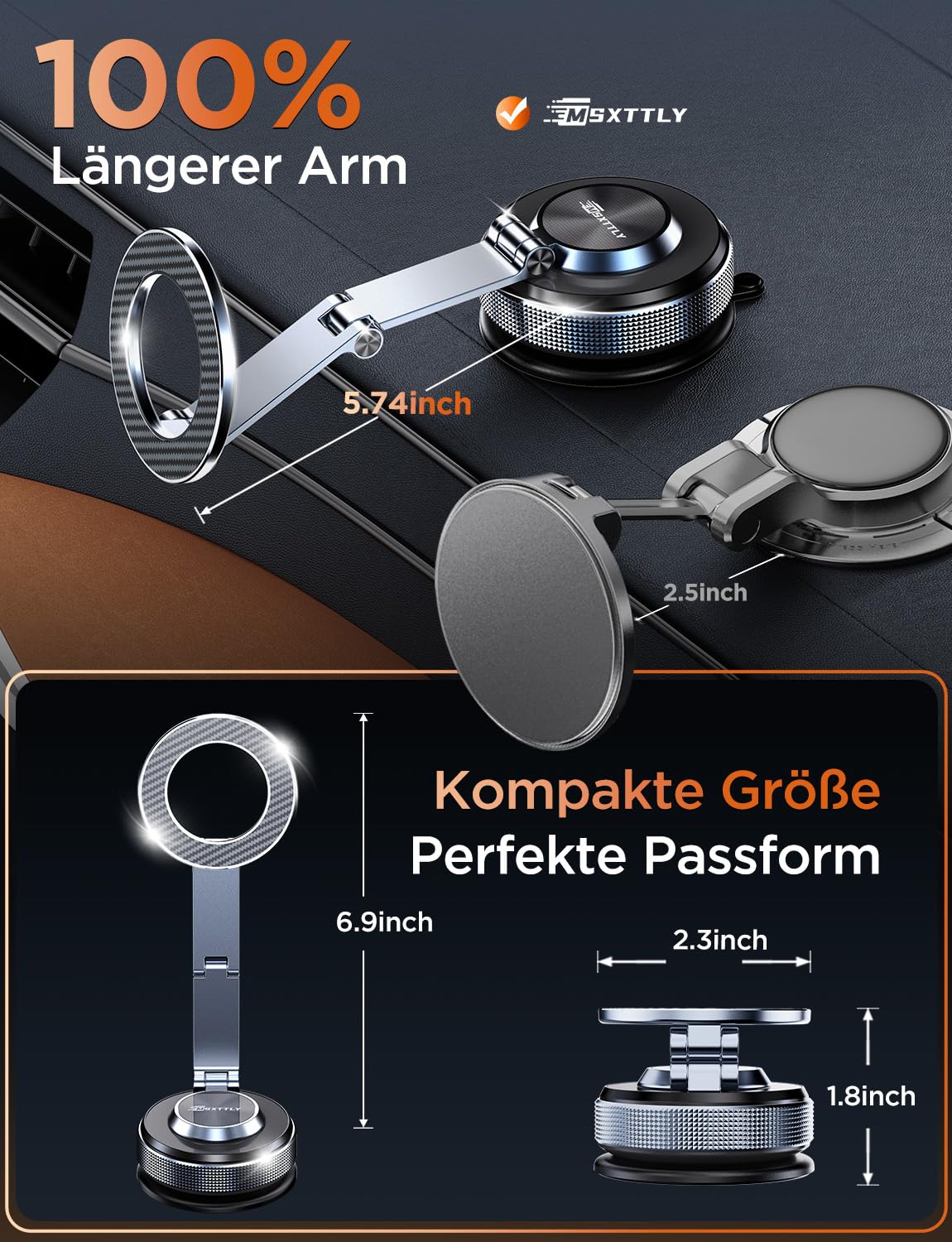 MSXTTLY Handyhalterung Auto–Vmag S3 2026 Magnetische Handyhalterung Auto mit Metall-Dual-Fold-Arm & Erweiterter Reichweite, Kompatibel mit iPhone 17 Pro Max,16-12 & Android (mit Magnetring) Schwarz