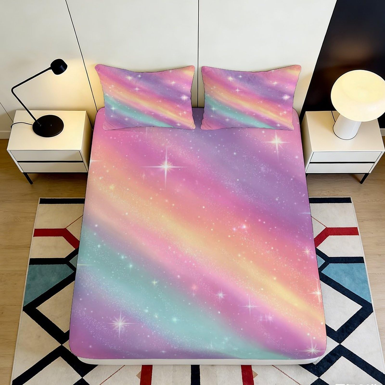 3D Printed Rainbow Galaxy Fitted Sheet Microfiber Soft Breathable Cosmic Nebula Bed Sheet for Bedroom Dormitory Guest Room Mattress Protection 120x200x25cm