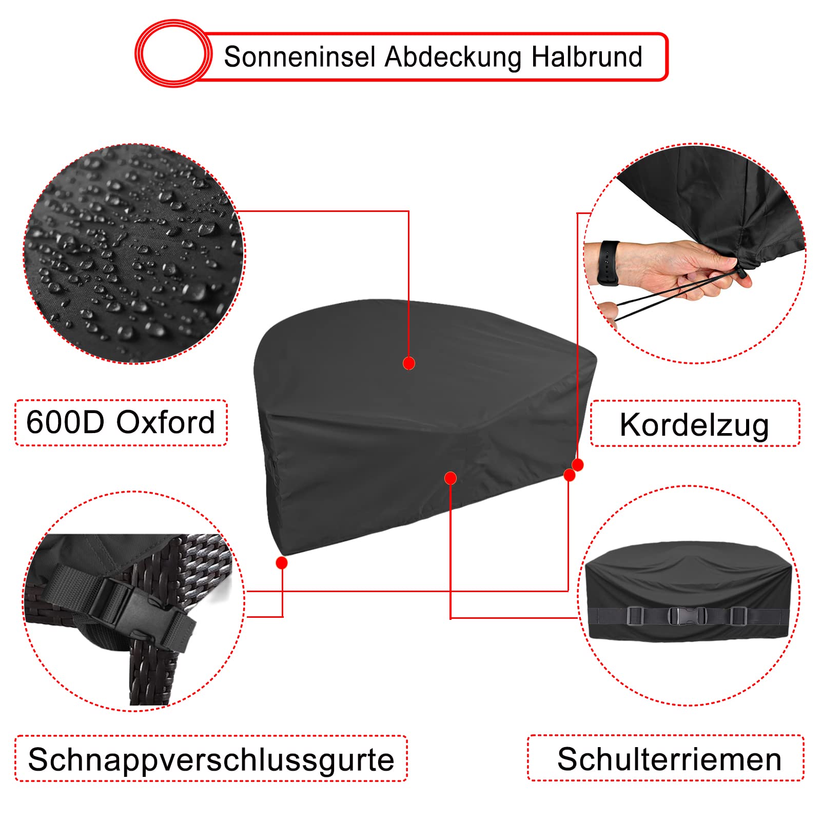 Sonneninsel Abdeckung Halbrund, Schutzhülle Halb für Sonneninsel Wasserdicht, Abdeckplane Liegeinsel Halbrund mit Schnallenriemen Abdeckhaube Halbrund für Gartenmuschel - Schwarz (230*120*100cm)