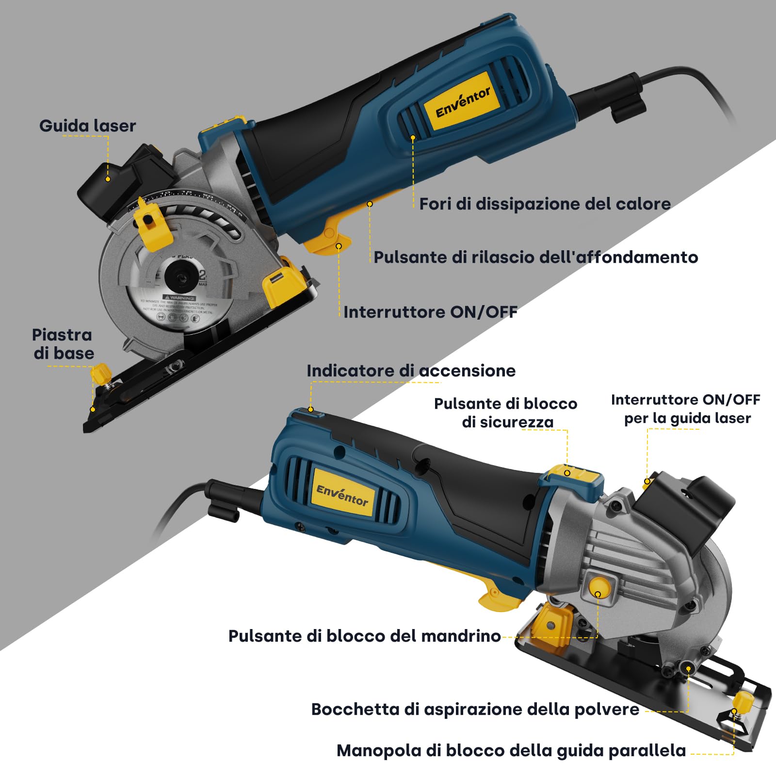 Enventor Mini Sega Circolare con laser, 600W, 5500RPM, funzionamento con una sola mano, 3 Lame (89mm), per legno, piastrelle, plastica e metallo sottile