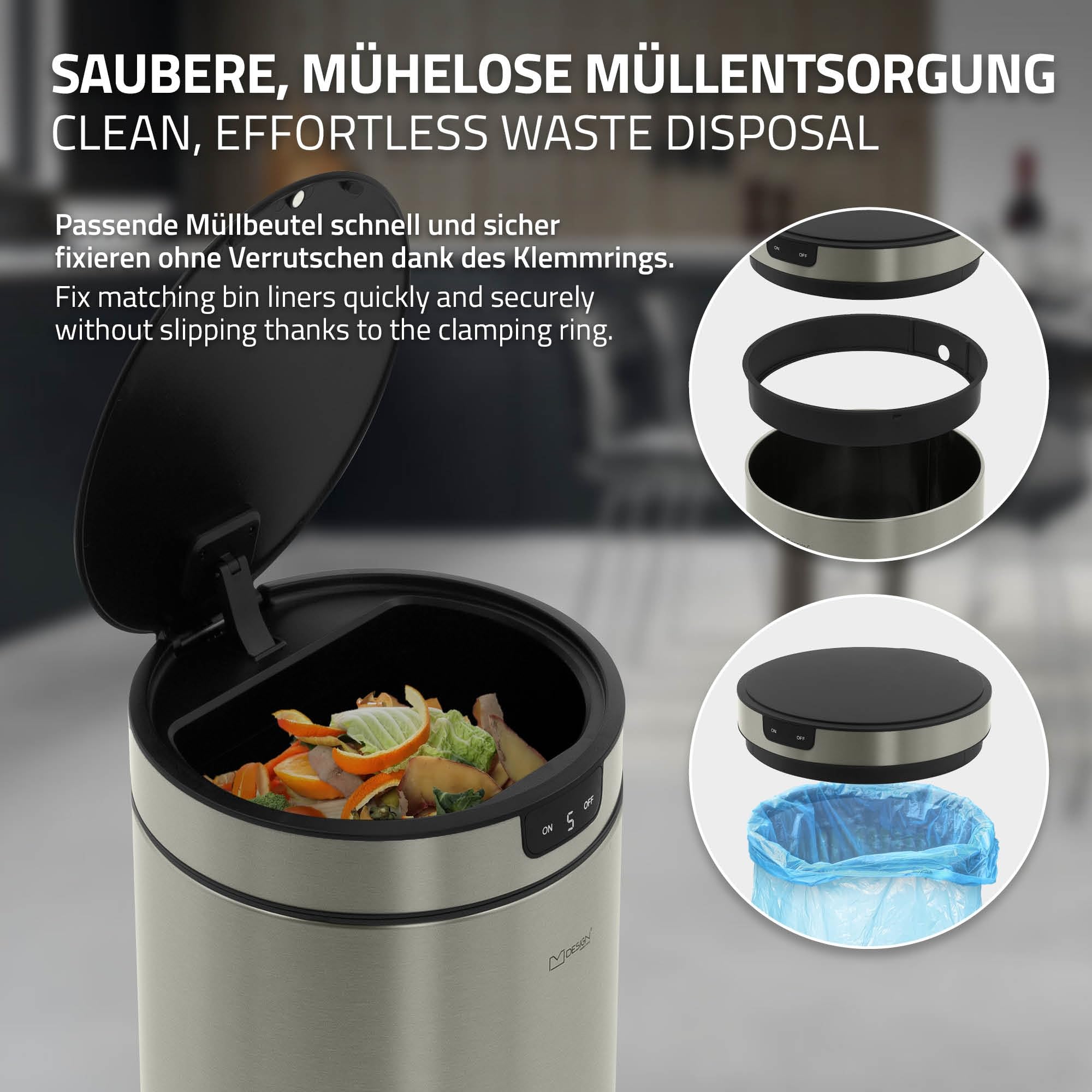ML-Design Mülleimer mit Sensor 30L rund aus Edelstahl, Silber, Automatisches Öffnen & Schließen, Abfalleimer berührungslos, Klemmring für Müllbeutel, Müllbehälter mit Bewegungssensor für Küche & Büro