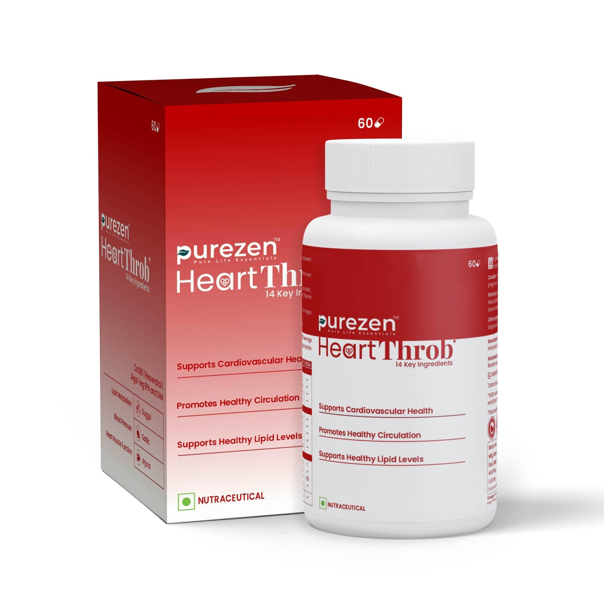 Purezen HeartThrob | For Cardiac Care, Blood Pressure and Cholesterol Management | With 14 ingredients incl. COQ10, Arjuna, Garlic, Resveratrol and Gotukola | 60 Veg Capsules-image-1