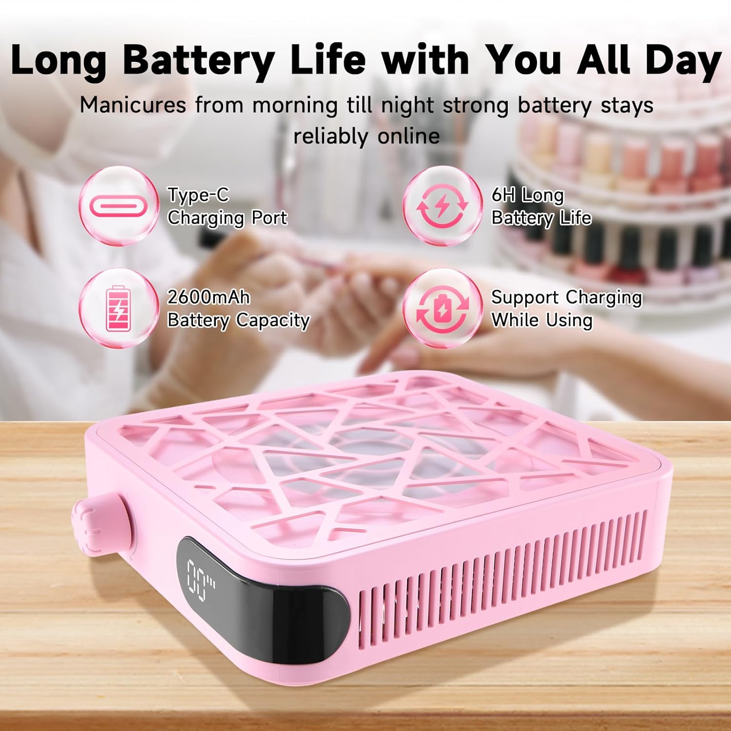 Compact Nail Dust Collector-6000RPM Vacuum Dust Collector Fan with Filter Papers (30 Pcs) Auto Suction System, Powerful & Quiet Cordless Nail Vacuum for Salon, Home, and Training-Pink (Pink)