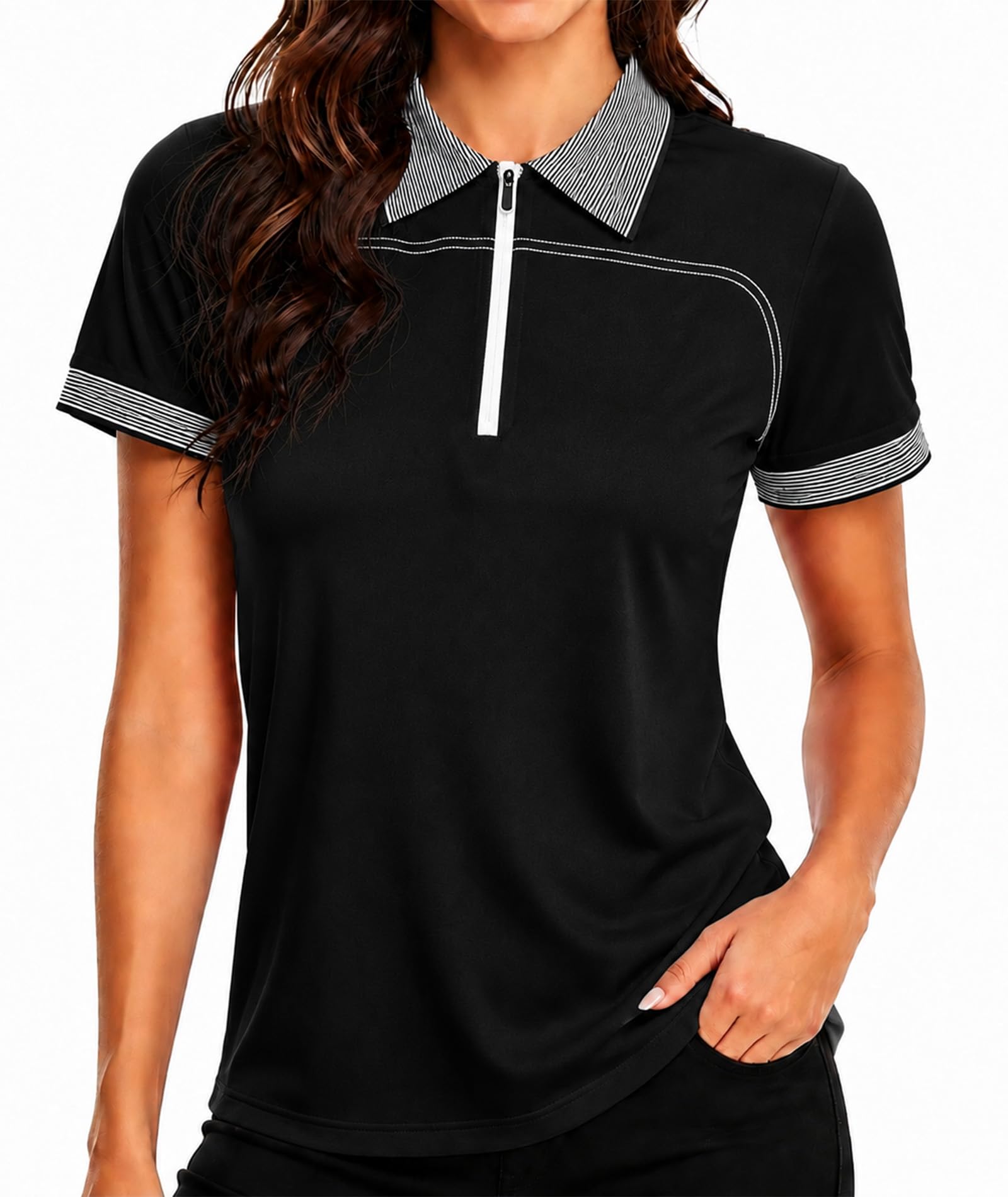 Little Beauty Camisa de golf para mujer, de manga corta, con cuello y cremallera, para entrenamiento, ajuste seco