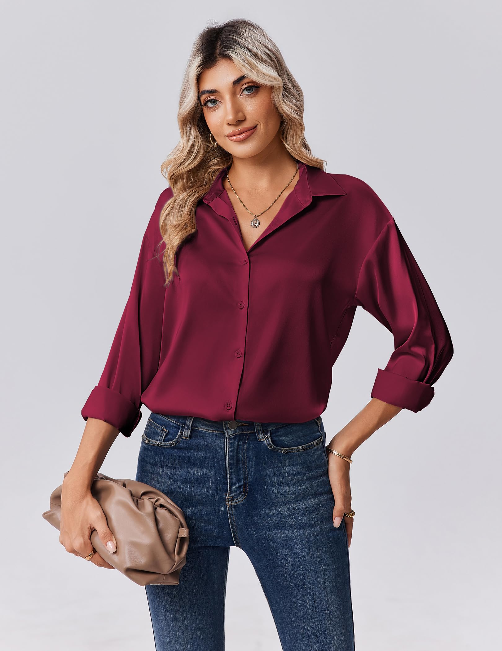 Zeagoo Camicia da donna in raso, con scollo a V, casual, elegante, a quadretti, in seta, a maniche lunghe