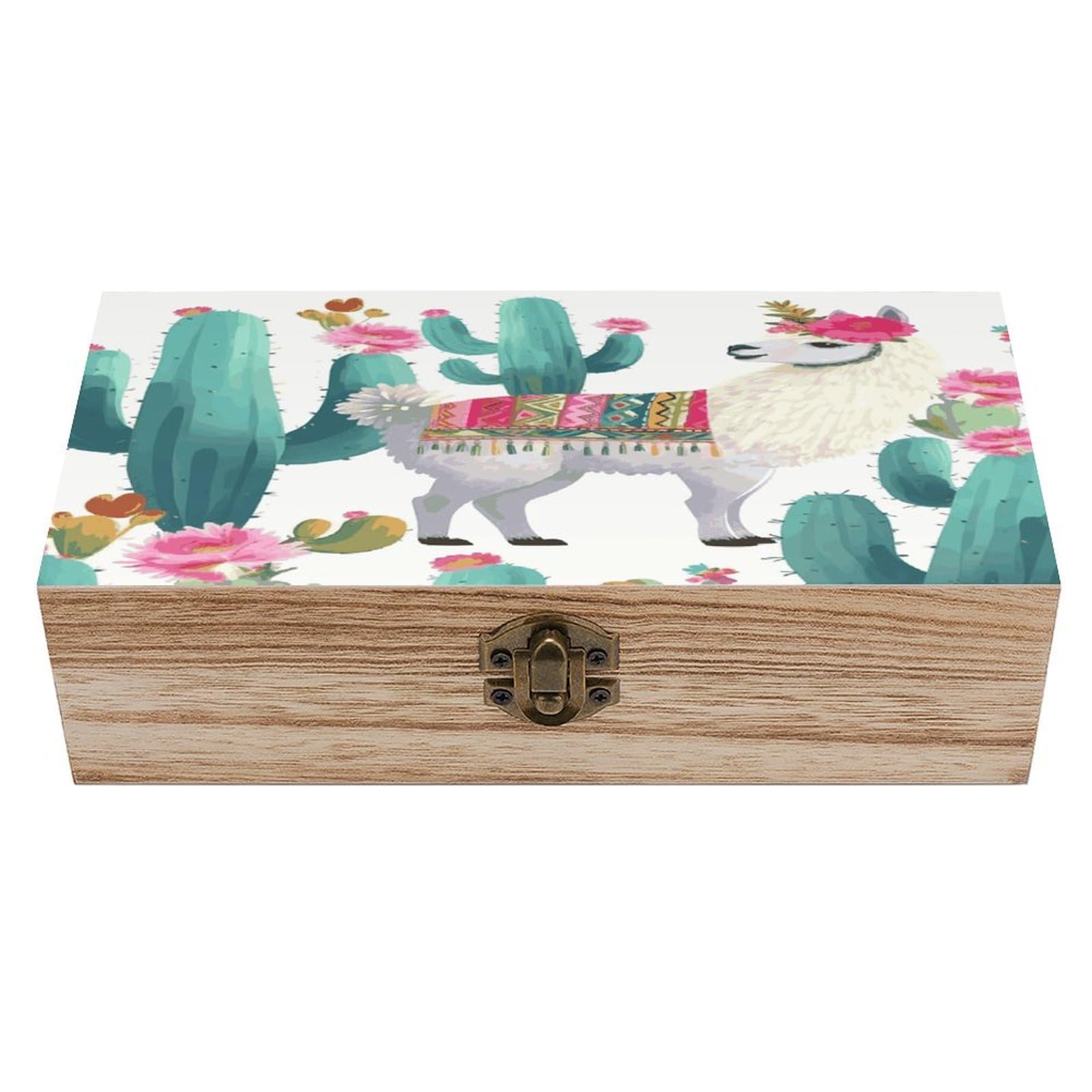 VstaDank Tropical Llama Alpaca Cactus Flower Wooden Storage Box Wooden Keepsake Box with A Hinged Lid Fashion Memory Treasure Boxes Decorative Jewelry Case for Crafts Photo Home Decor Wood Gift Box