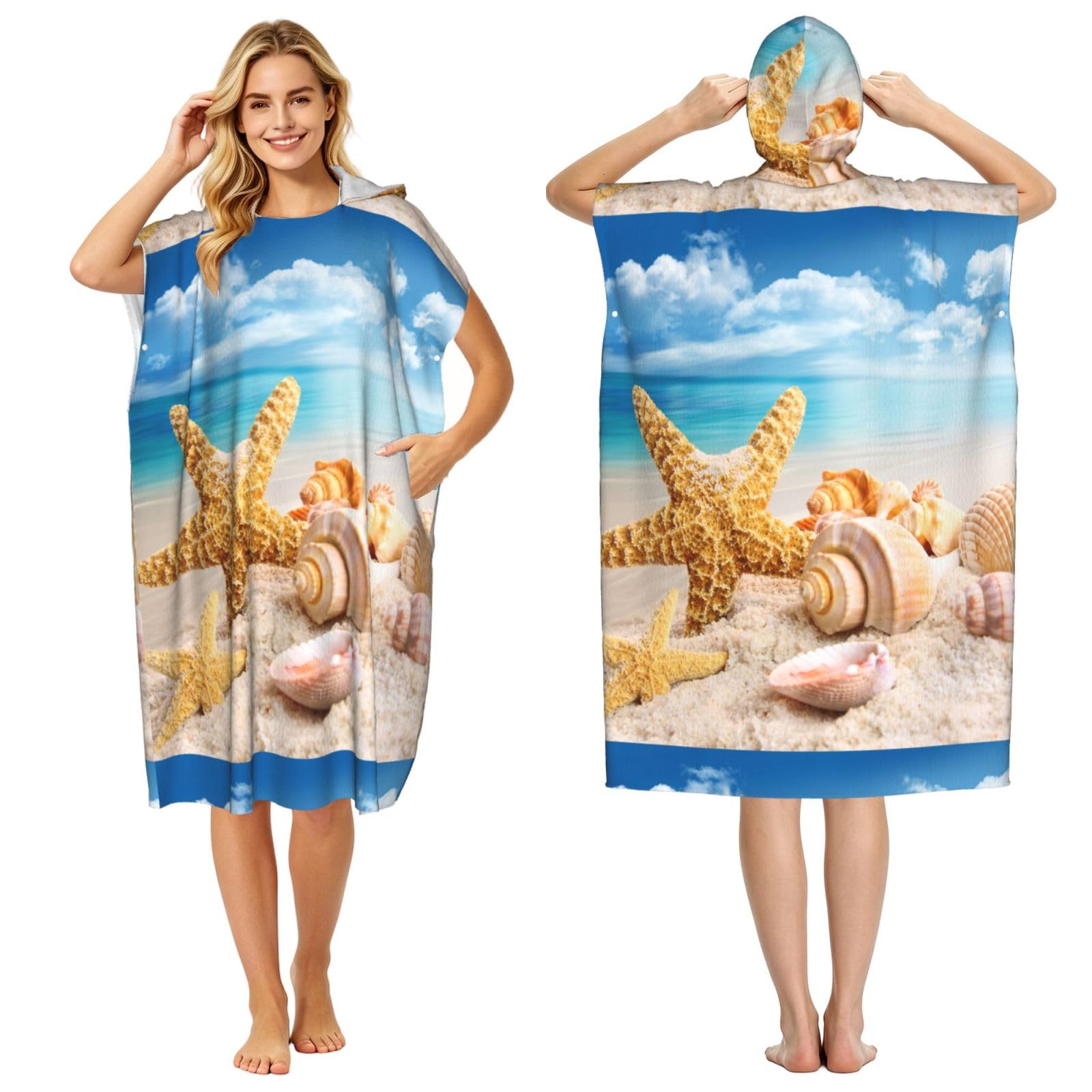 Poadnly Starfish And Seashells On Beach, Adult Hooded Beach Towel 90 x 110 cm,Changing Bath Robe, Surf Poncho Towel For Women Men