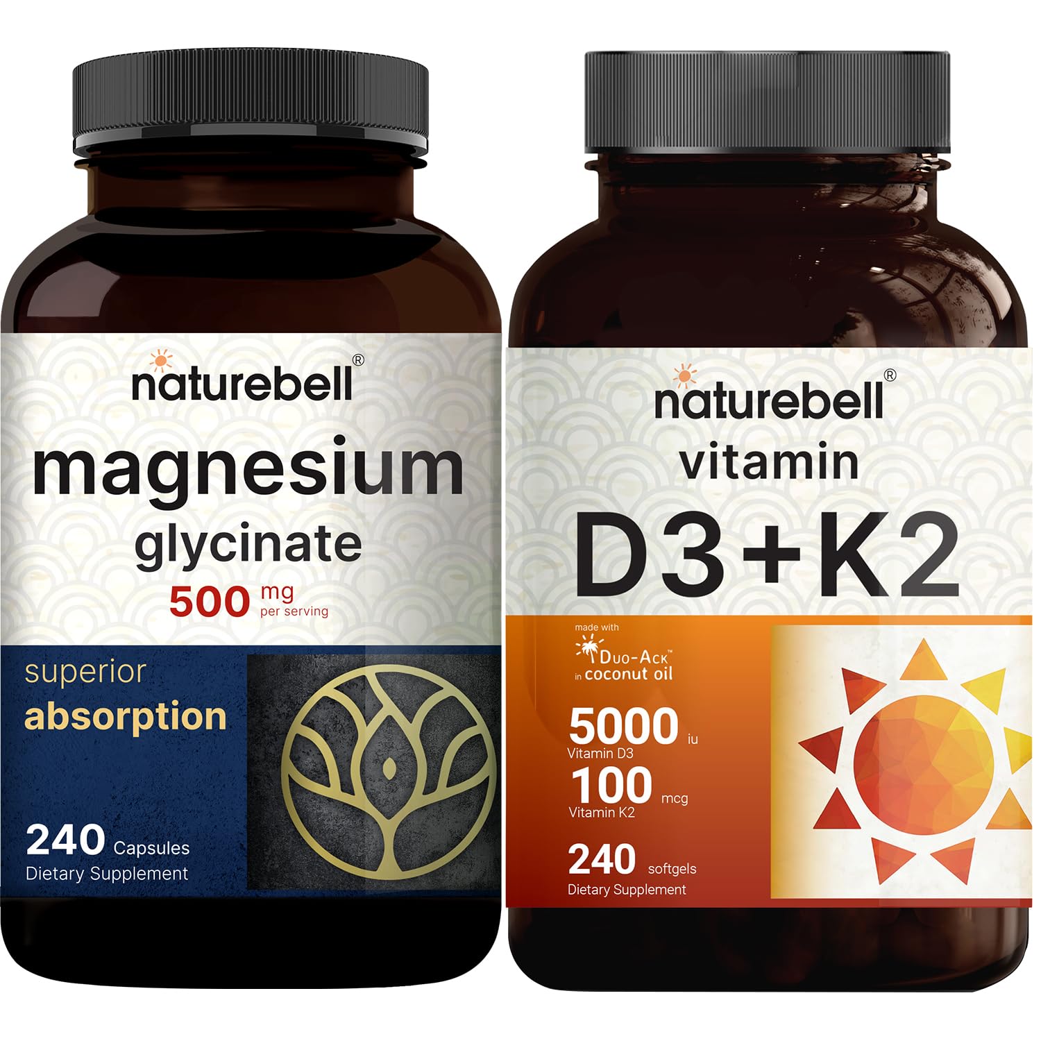 Cápsulas de Magnésio Glicinato NatureBell 500mg & Vitamina D3 5.000ui com K2 MK-7 100mcg - Pacote Premium de Softgels