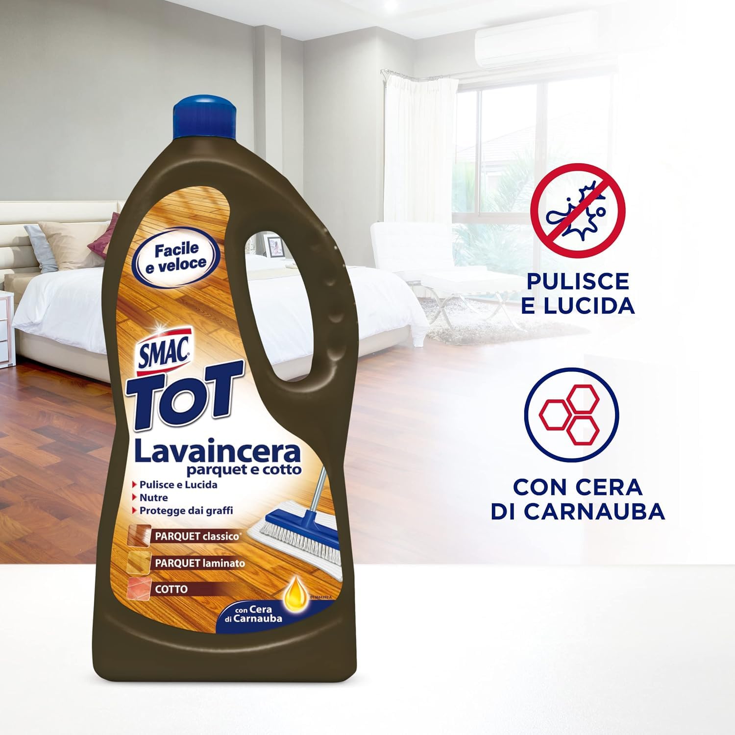 6 x Smac Lavaincera Parquet 1 L – Detergente per pavimenti in parquet con cura della cera, per la pulizia e la cura dei pavimenti in parquet, con portachiavi Italy Shop Service incluso