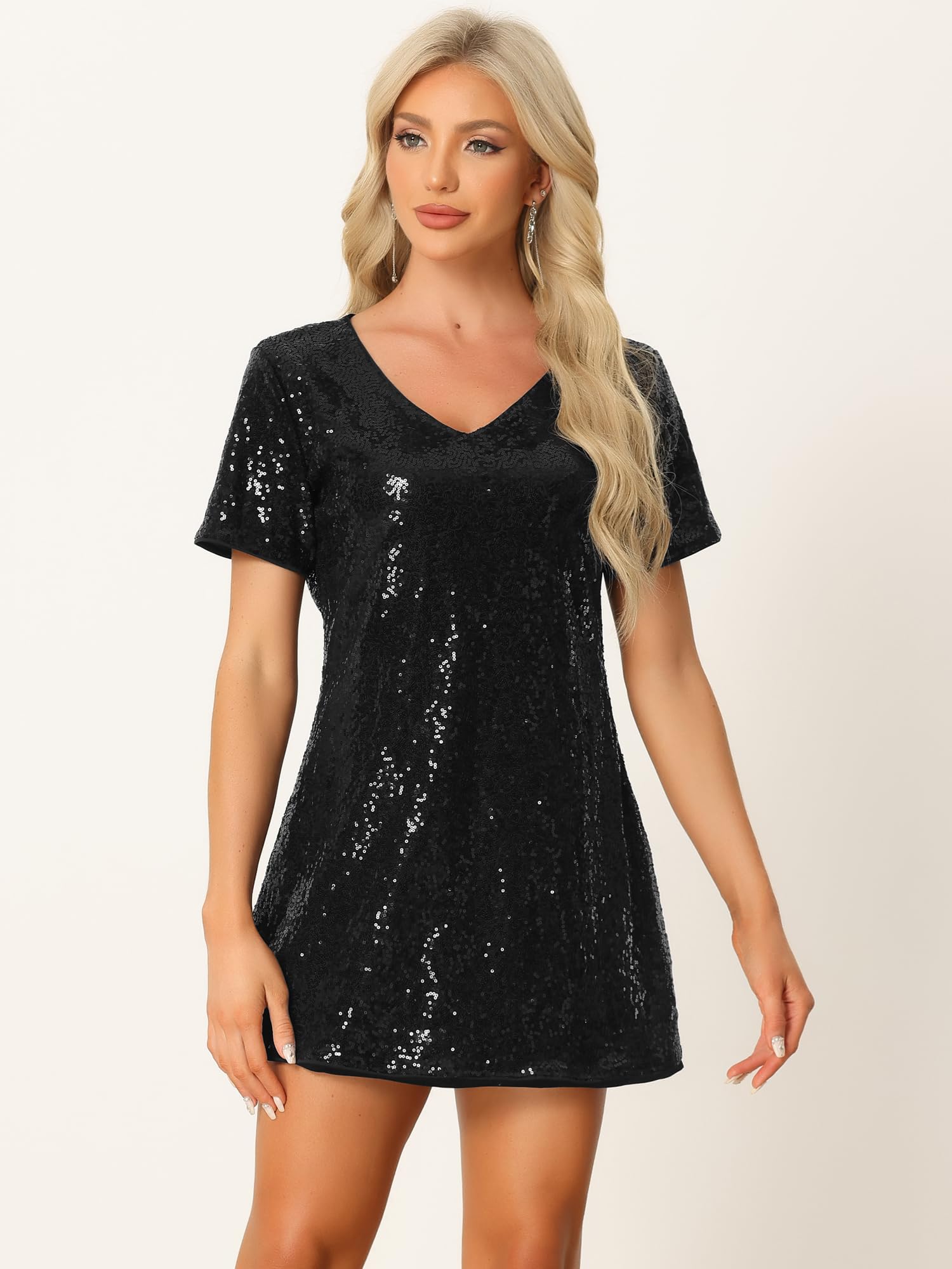 Allegra K Donna Vestito con Paillettes Glitterate con Scollo A V E Maniche Corte, Mini Abito da Festa Clubwear da Festival