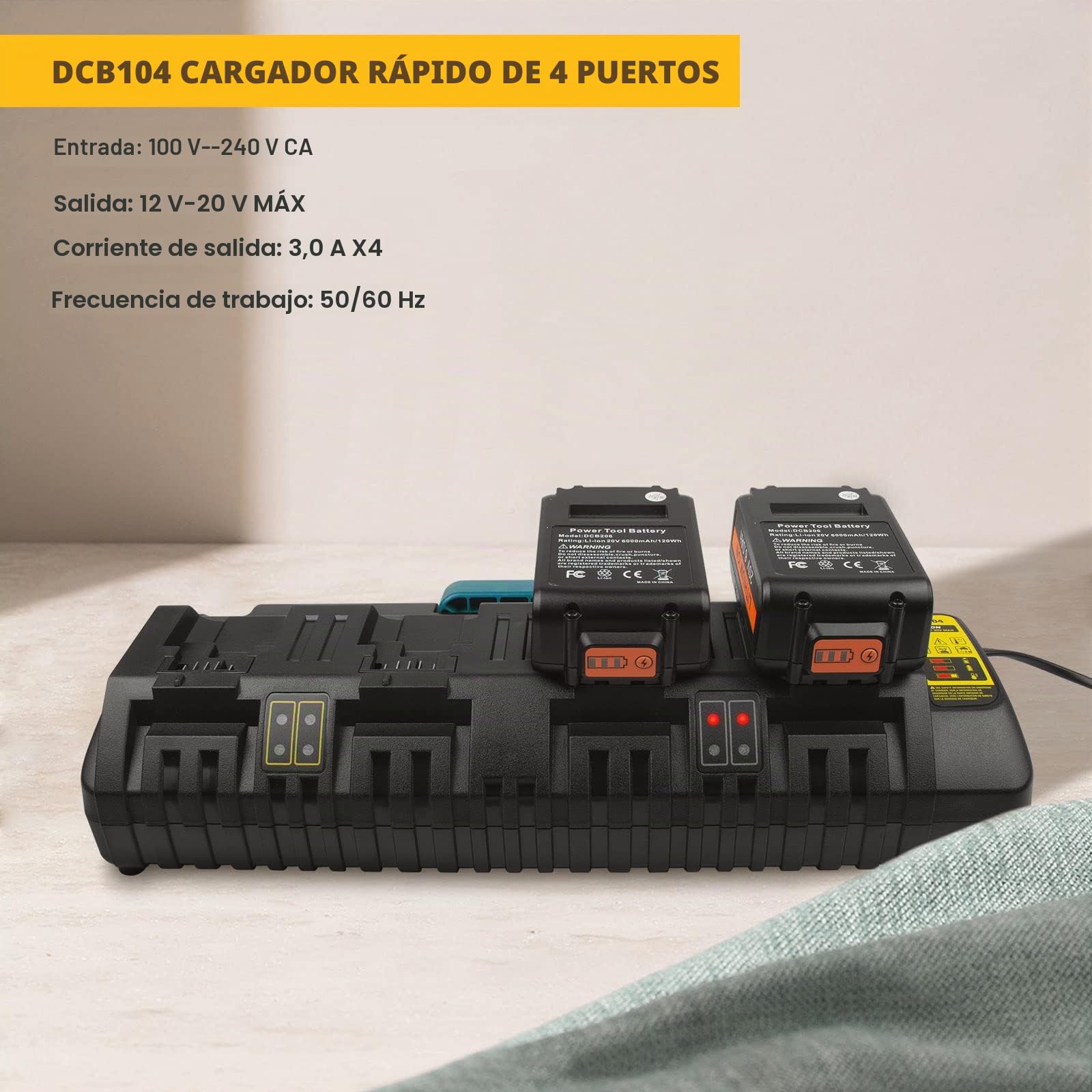 Cargador de batería de 4 Puertos Compatible con Dewalt 18 V XR DCB104, ASUNCELL 3A 12V-20V MAX Li-Ion Cargador rápido Compatible con Dewalt DCB batería (con 2 Puertos USB 2,1A)
