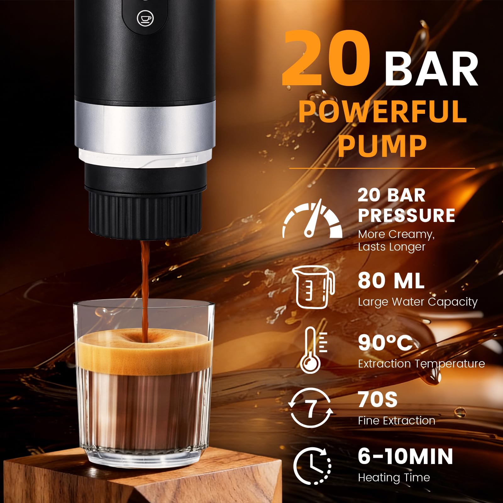 Cafetera Portátil 20 Bar, 3 en 1 Cafetera Espresso Eléctrica Portátil Maquina de Cafe Portatil Recargable Compatible con Cápsulas Pequeñas/Grandes y Café Molido para Viajes Acampada Oficina y Hogar - 3