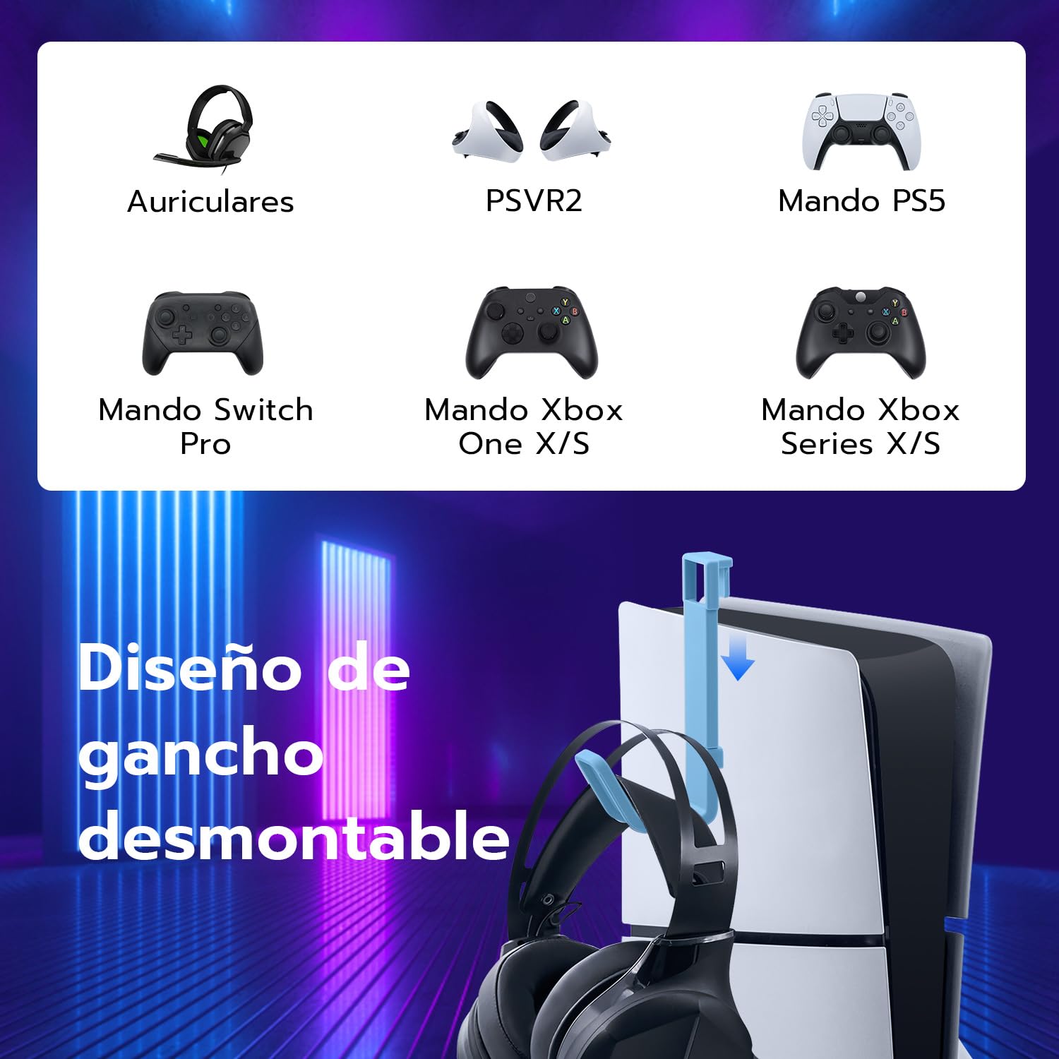 Wigearss Soporte Vertical para PS5 Slim, Base de Carga para Controladores Dual PS5 y Soporte para Auriculares, con Luz Ambiental LED, Compatible con PS5 Slim DE/UHD (No Compatible con PS5/Pro)