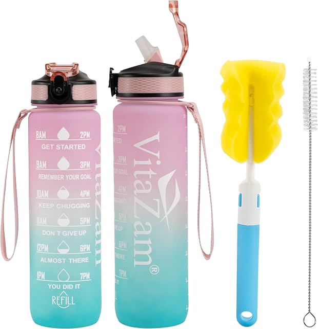 VitaZam 1 Litre Water Bottle, Motivational Water Bottle with Time Markings, BPA Free, Leak Proof Lock Cover with Straw and Bottle Brush, Bottle for Gym, School/Office, Sports and Outdoor
