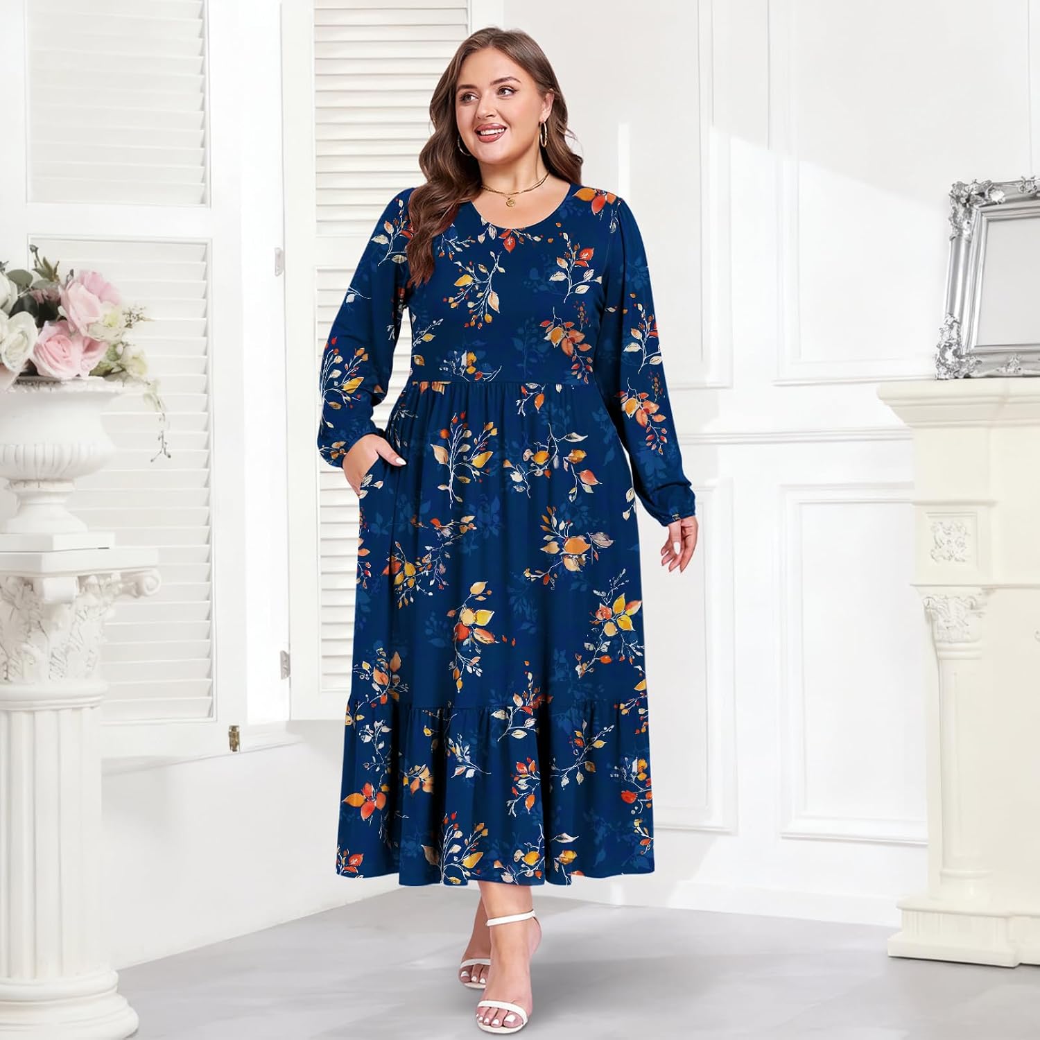 Moon Wood Women's Plus Size Maxi Dress Empire Waist Crew Neck Long Sleeve Dress with Pockets, Long Casual Dreses Daily Wear