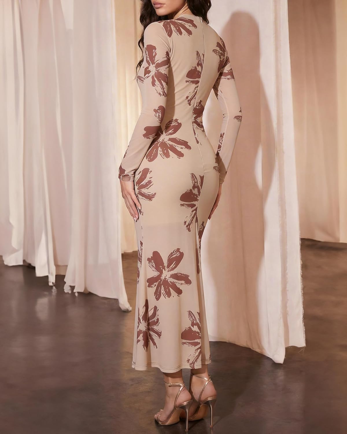 Women's Floral Mesh Cocktail Dresses Long Sleeve Formal Wedding Guest Dress Party Date Night Elegant Dress - Image 5