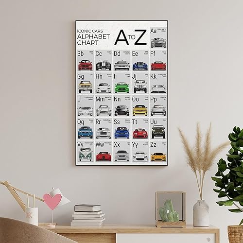 Miniatura 8 de CYPGTBCK Póster del alfabeto del coche ABC para niños, póster de aula, pintura decorativa, lienzo, arte de pared, póster de sala de estar,