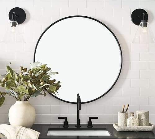 Miniatura 2 de G-LEAF Espejo redondo negro de 28 pulgadas, espejo circular para baño, entrada, tocador, sala de estar, espejo de baño redondo para pared
