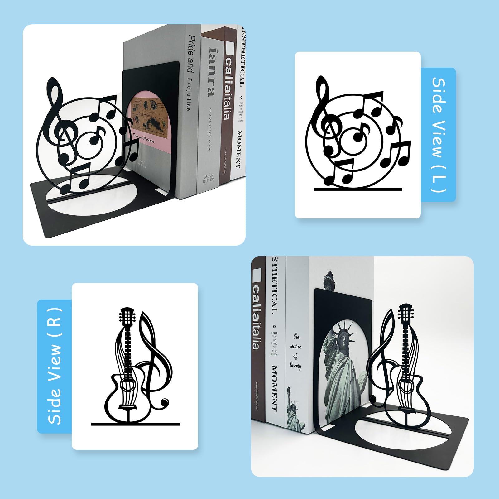 Musiknoten-Metall-Buchstütze, Musik-Buchstützen, Metall-Buchstützen, Gitarren-Buchstützen, Buchhalter für Regale, Schreibtisch-Organizer, Musik-Bücherregal, Heimdekoration