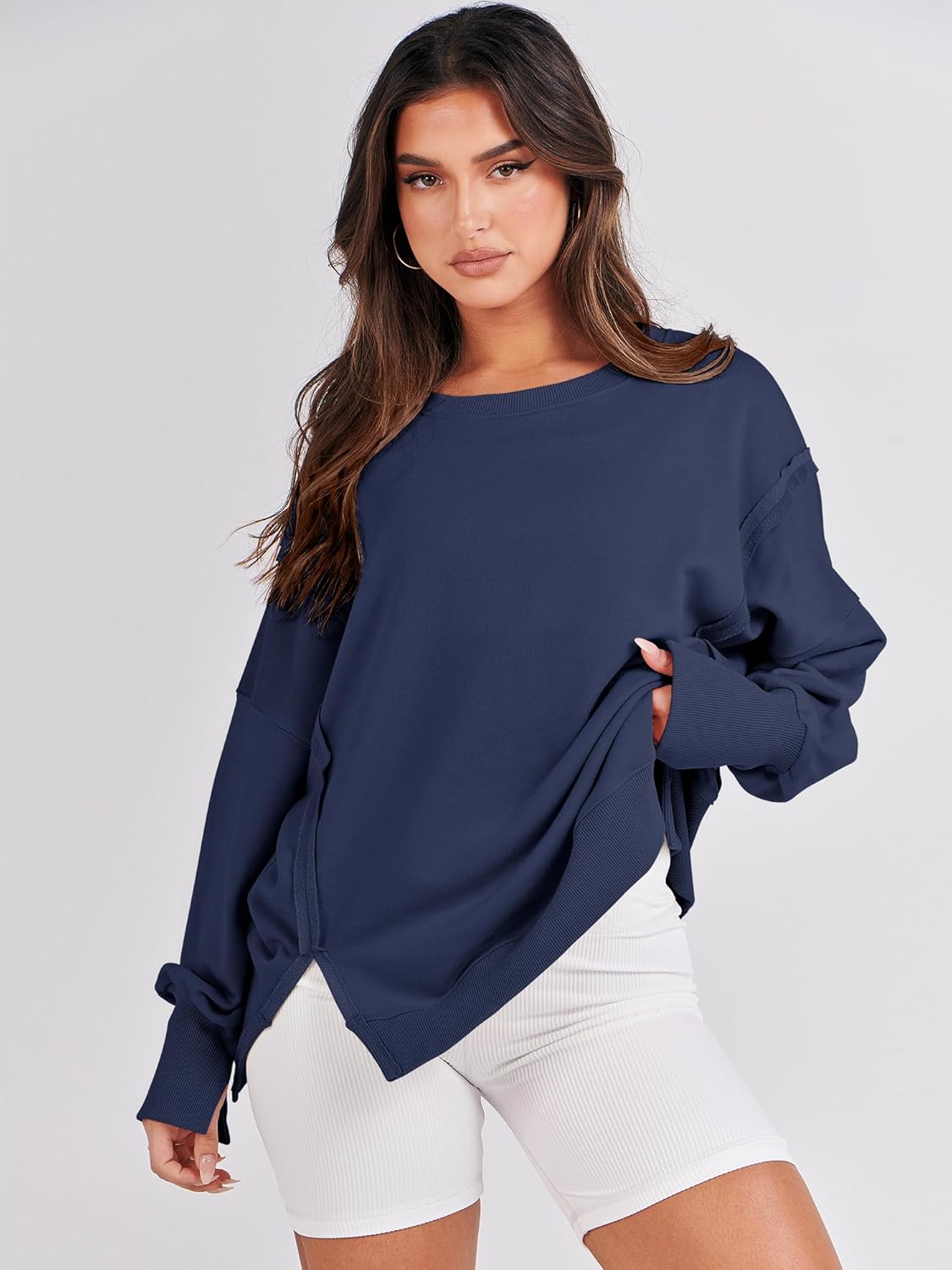 ANRABESS Womens Oversized Sweatshirts Crew Neck Long Sleeve Shirts Casual Loose Slit 2025 Fall Outfits Y2K Teen Girls Clothes