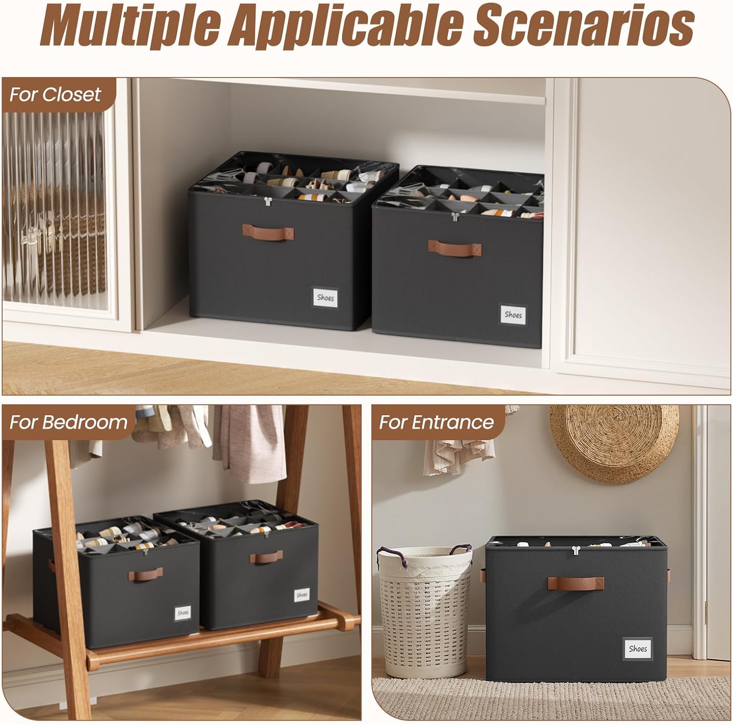 PHINOX Shoe Organizer for Closet, 2 Pack Fabric Shoe Organizer Storage Box, Shoe Storage Containers with Clear Cover, Closet Shoe Storage for Boots Sandals Slippers,Fits 16-32 Pairs, Black