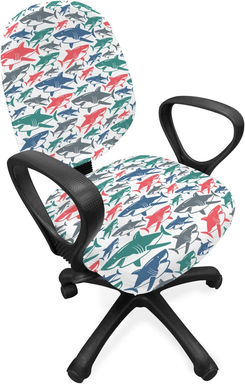 Ambesonne Shark Office Chair Slipcover, Colorful Underwater Fish Pattern Masters Survival Predators Dangerous Nature, Protective Stretch Decorative Fabric Cover, Standard Size, White Coral