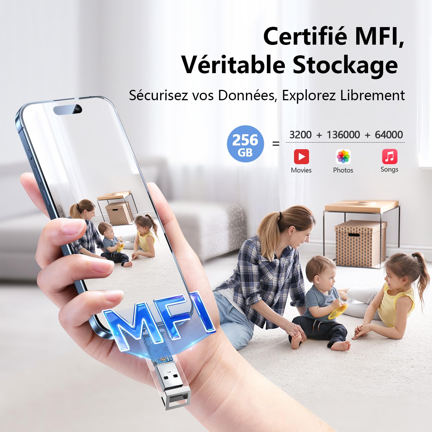 MFi Cle USB 256 Go pour iPhone, Clé USB C, Lightning,Stockage Réel | 3 en 1 Clef USB pour iPhone,iPad,Android OTG Telephone,Mac,PC,Stockage Externe Flash Drive Transfert Photos,Vidéos,Données