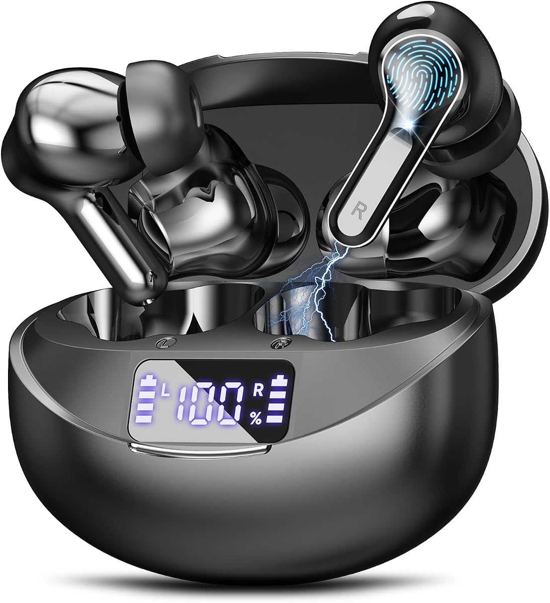 Wireless Earbuds Bluetooth 5.4 Headphones, Noise Cancelling Mic Ear Buds with 50H Playback, LED Digital Display, lPX7 Waterproof Earphones for Office/Running/Workout(Black)