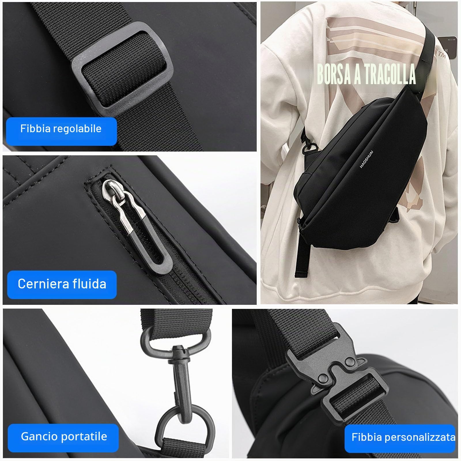 FANDARE Zaino Monospalla Borsello Uomo Tracolla Borsa Monospalla Borsa a Tracolla da Uomo borsa marsupio Borsa a Spalla Sling Bag Zaino Leggero per Uso Quotidiano Lavoro Trekking Viaggio Nero