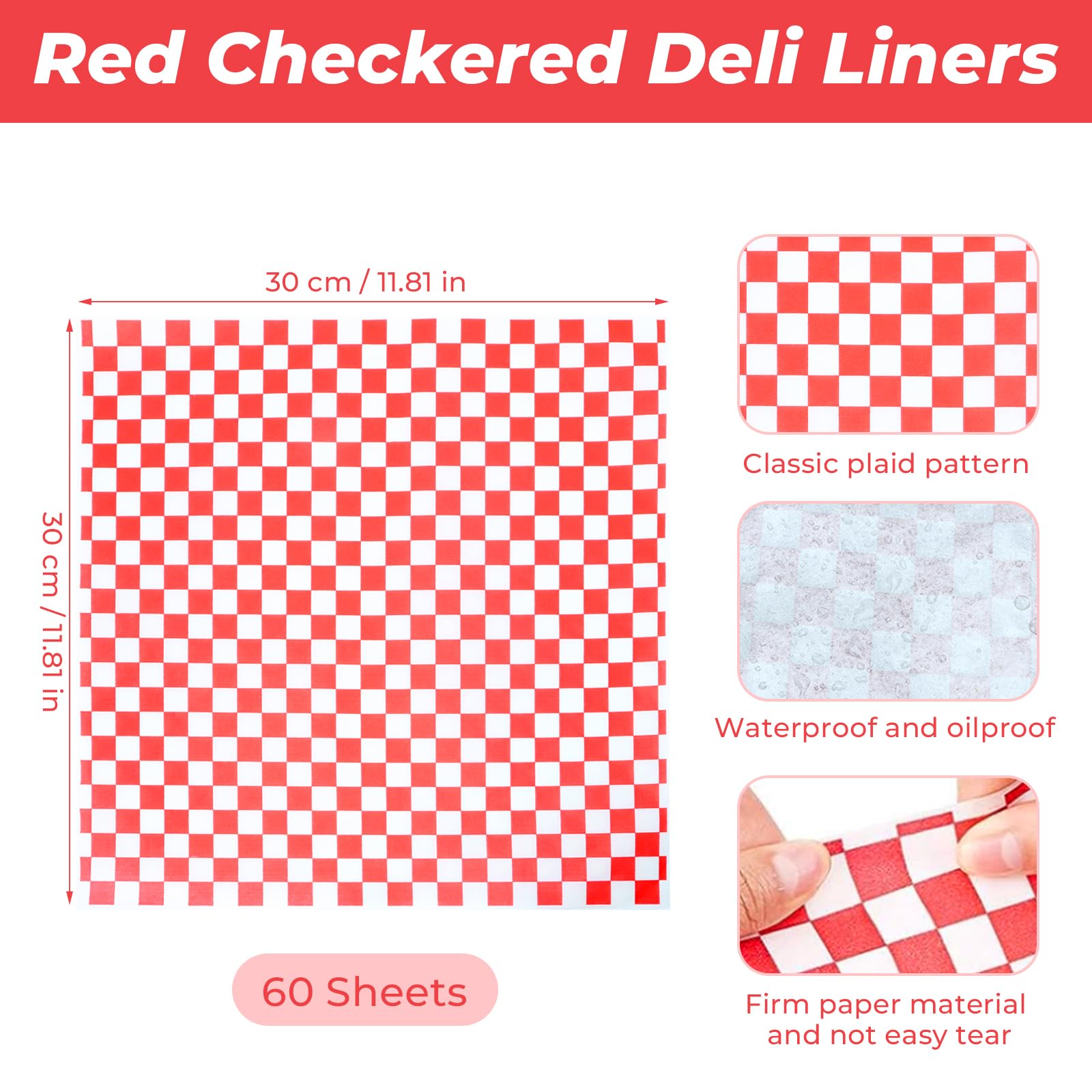 Hslife 60 Sheets Red Checkered Deli Liners and 6 Black Fast Food Baskets, Classic Deli Baskets with Red Checkered Dry Waxed Deli Paper(12'') (6+60)