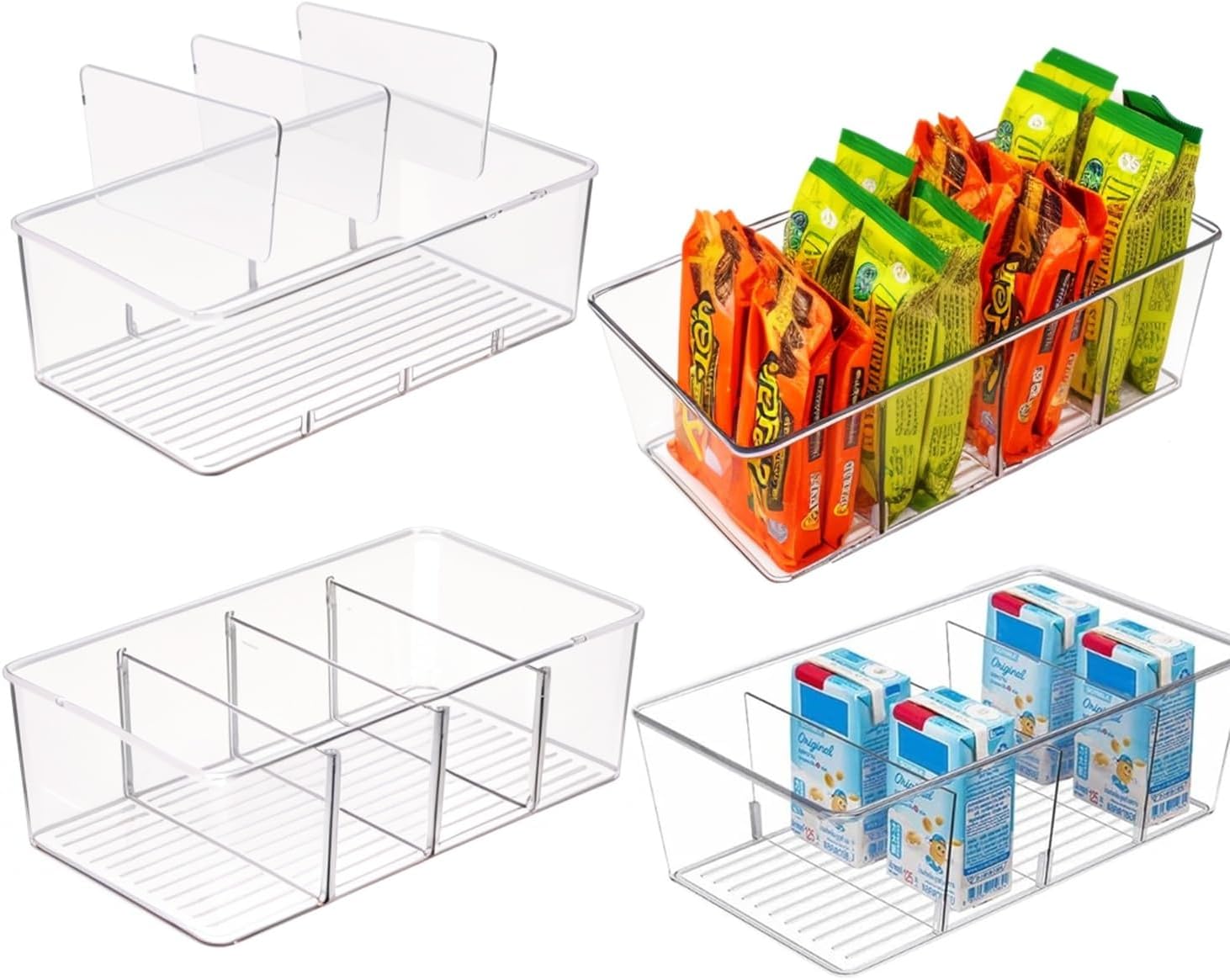 4 Clear Plastic Pantry Storage Bins with Removable Dividers