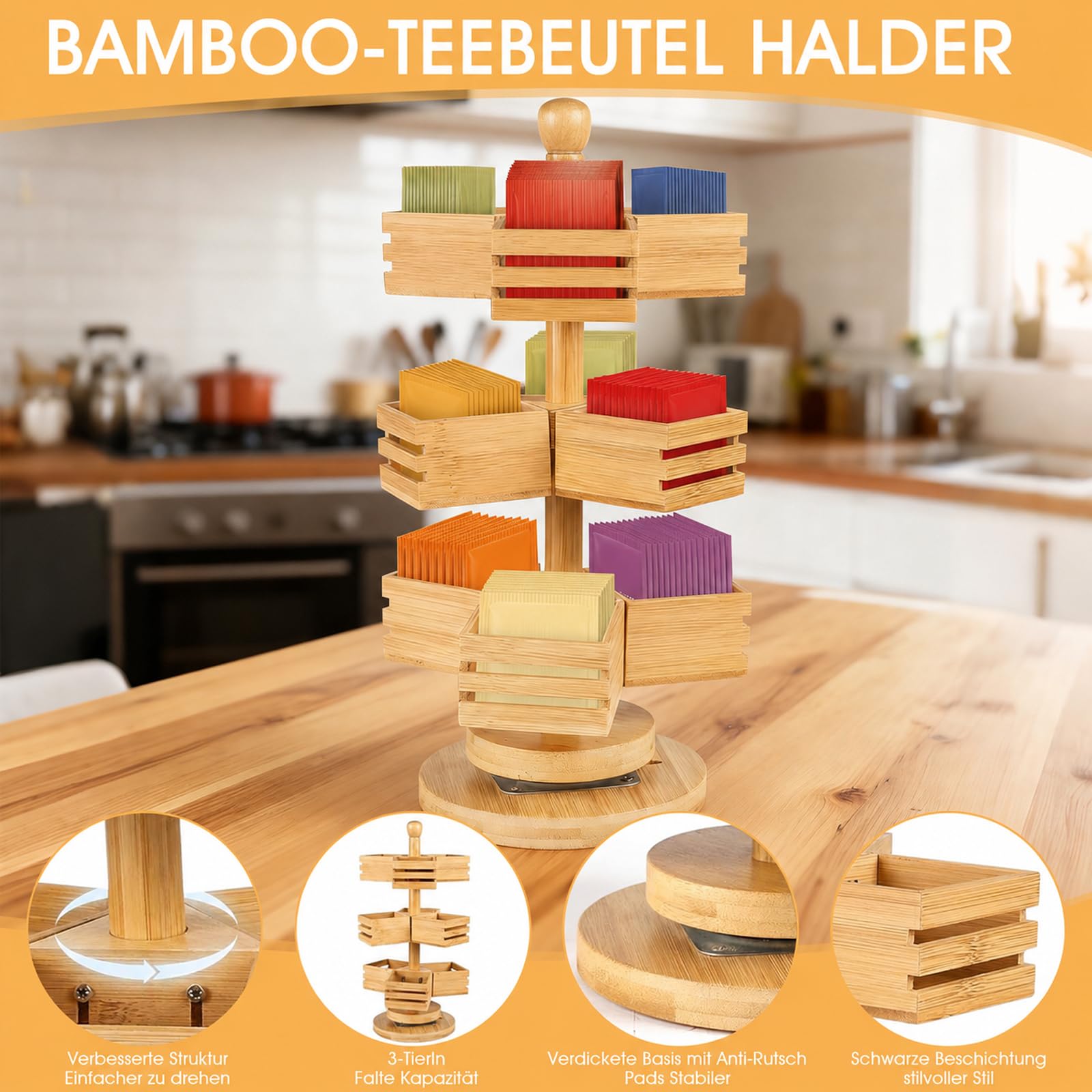Organisateur de sachets de thé en bambou à 3 étages - Pivotant à 360° - Boîte à thé avec 9 compartiments - Étagère à thé debout pour cuisine, plan de travail, bureau, café, sucre - Bois