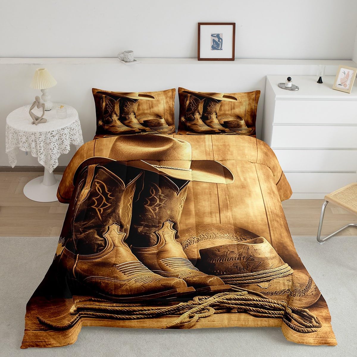 Feelyou Western Comforter Set Twin Size Wild Western Cowboy Comforter Rodeo Cowboy Style Bedding Set Grunge Design Duvet Set Room Decor Deep Brown Quilt Set