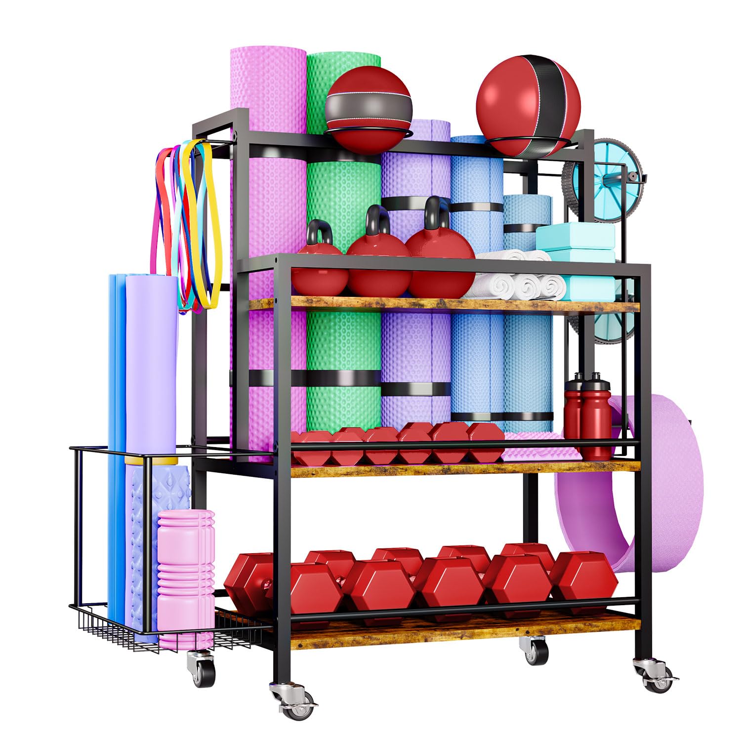 Home Gym Storage, 4 Tier Large Capacity Rack for Dumbbells Kettlebells Foam Roller, Yoga Mat Strap and Resistance Bands, Exercise/Workout Equipment Storage Gym Organizer With Hooks and Wheels