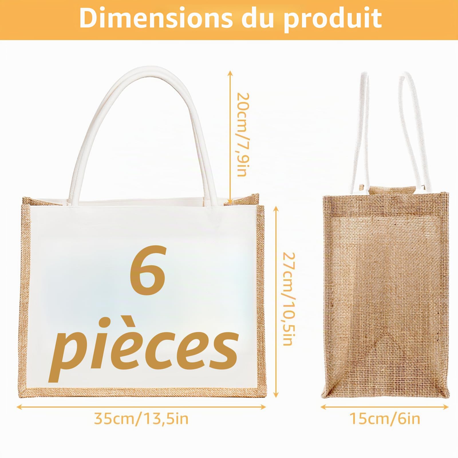 6 Pièces Sac en Toile de Jute 35 x 27 x 15 cm, Sac Cabas Blanc et Naturel, Tote Bag avec Poignées pour Courses, Plage, Pique-nique, Voyage et Cadeaux