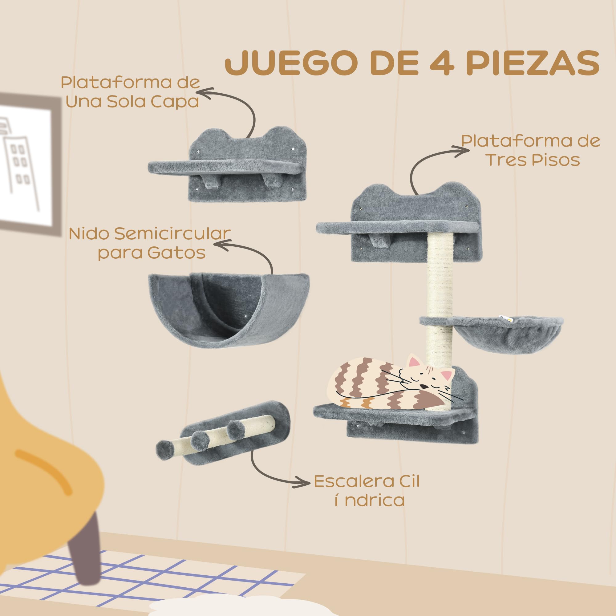 PawHut Estante de Escalada para Gatos de Pared con Hamaca 4 Piezas Gris | Juego de Estantes para Gatos, Nido Rascador, Plataformas para Saltar, Poste de Sisal