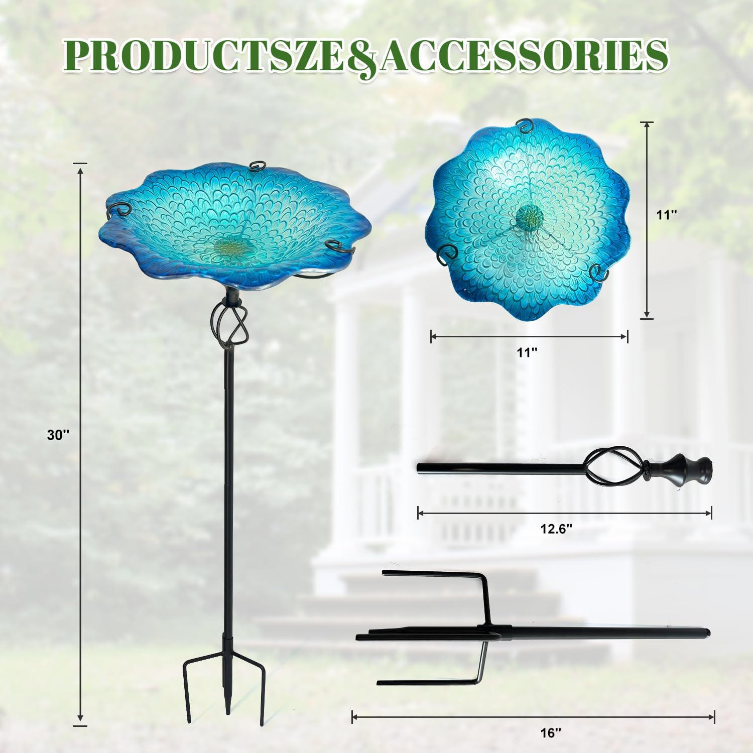 HONGLAND Bird Baths for Outside,11" Small Blue Glass Birdbaths Outdoor,Detachable Bird Feeder with Metal Stake for Garden Yard Patio Decor,30" Height
