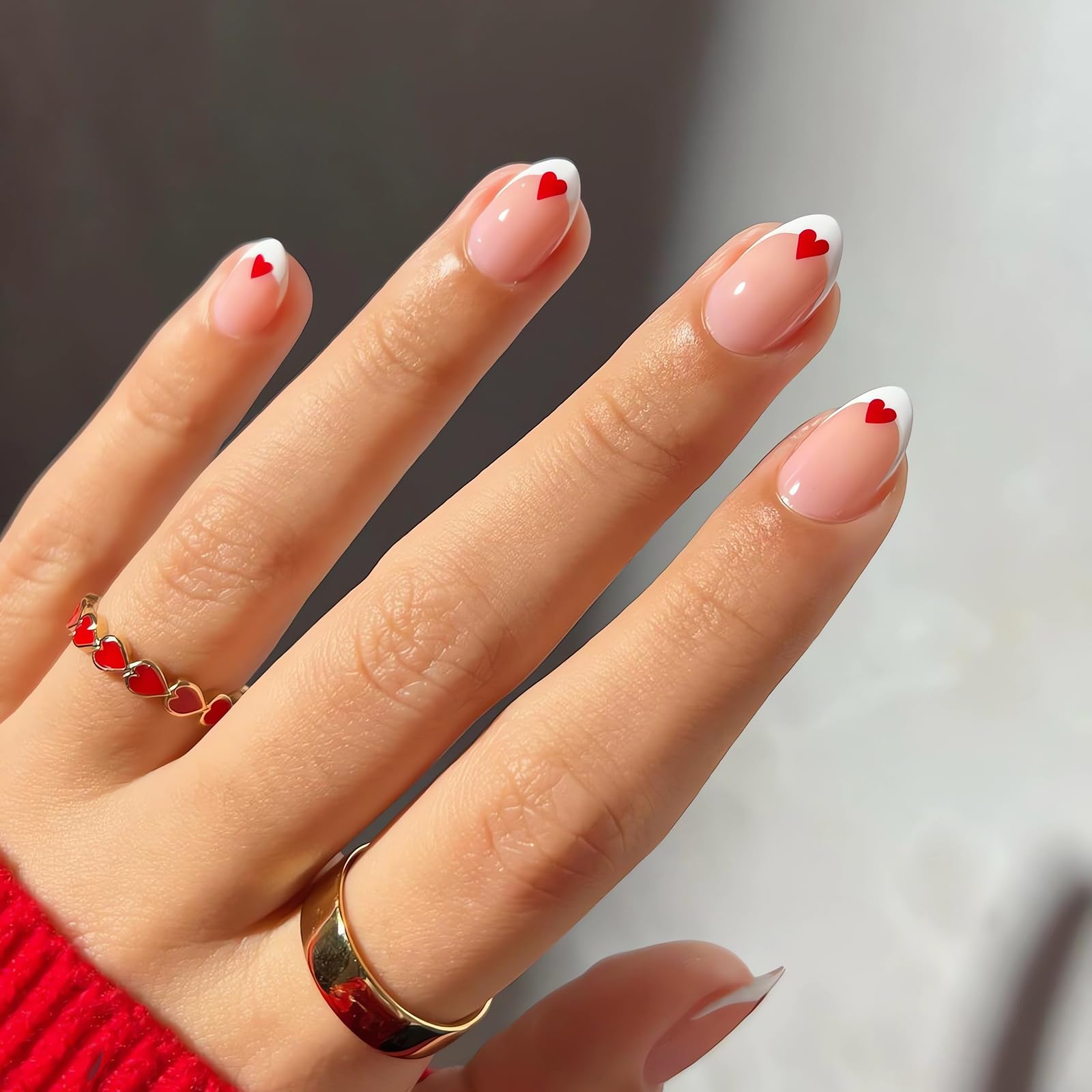 Red Heart Press on Nails Valentines Fake Nails, LPOODDNU White French Tip Almond Press on Nails Short False Nails Cute Valentines Almond Stick on Nails for Women Nail Art Decorations 24Pcs