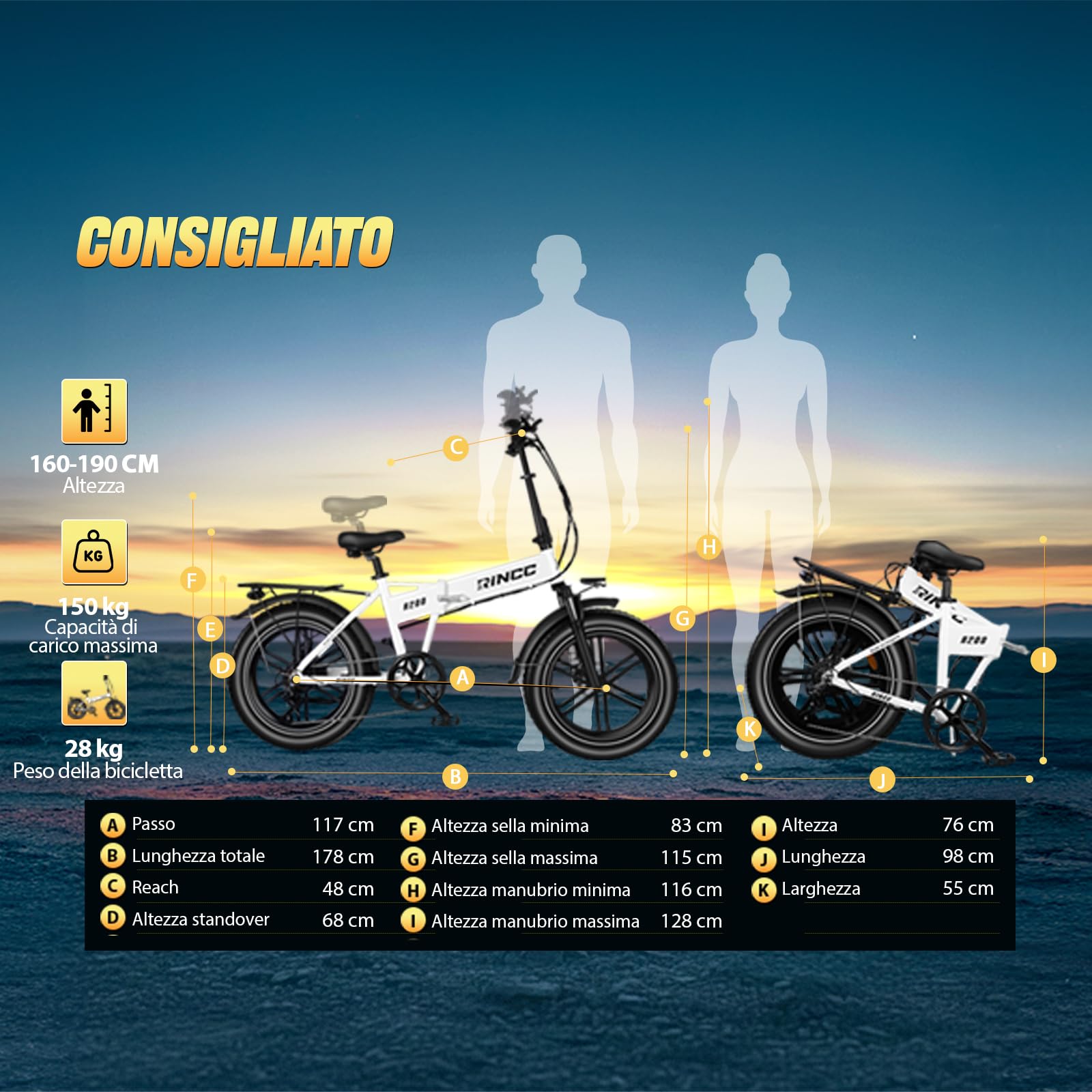 RINCC Bici Elettrica Pieghevole, Ebike da 720Wh 15Ah Batteria | Motore Brushless | Autonomia di 80-100 Km | 20"×4.0" Fat Tire | 7 Velocità | Ruota monoblocco in lega di magnesio R200 (Bianco)