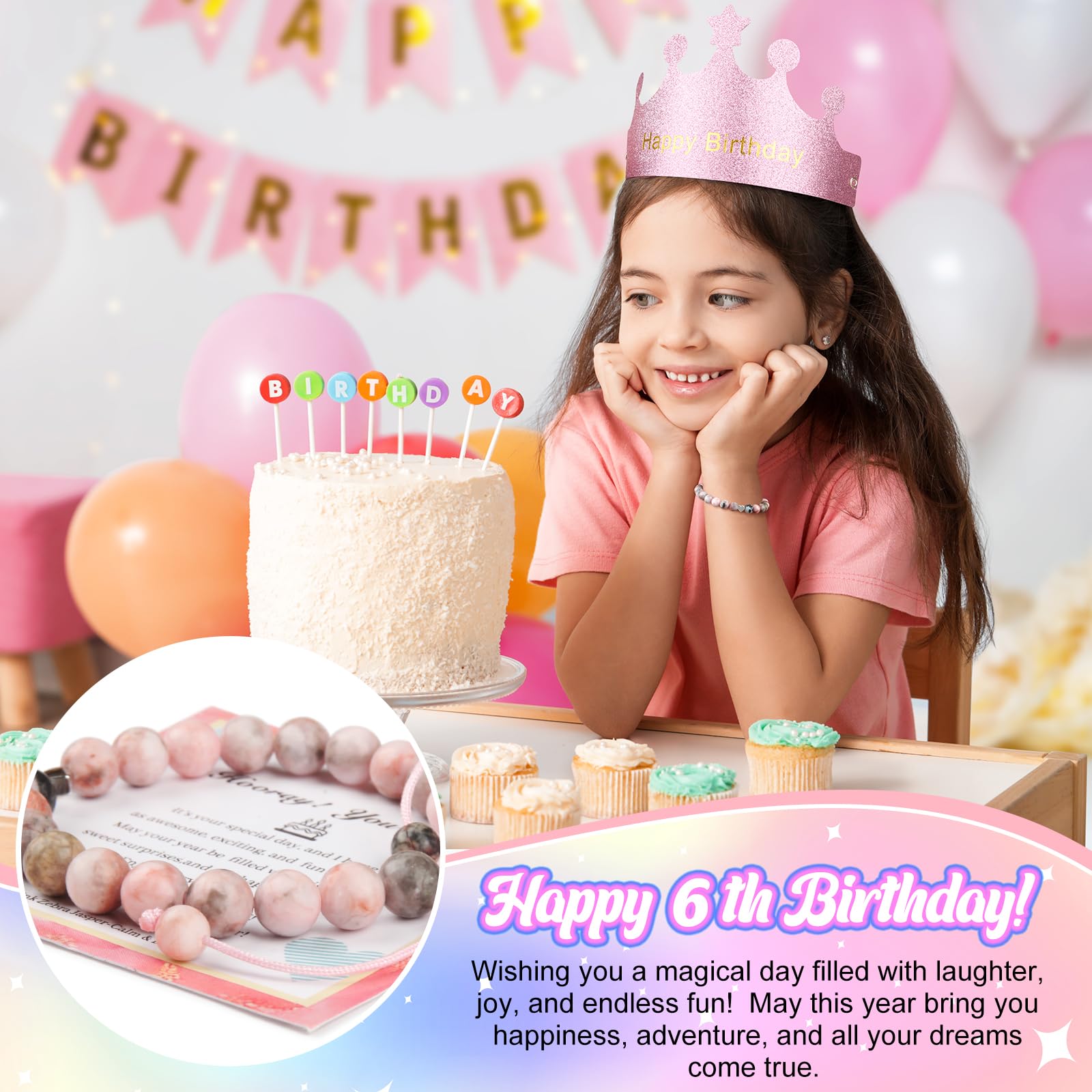 6 Year Old Girl Birthday Gift Set, Gifts for 6 Year Old Girls with Glass Cup (16oz), Socks, Pearl Necklace, Beaded Bracelet, Birthday Hat, Sash & Card