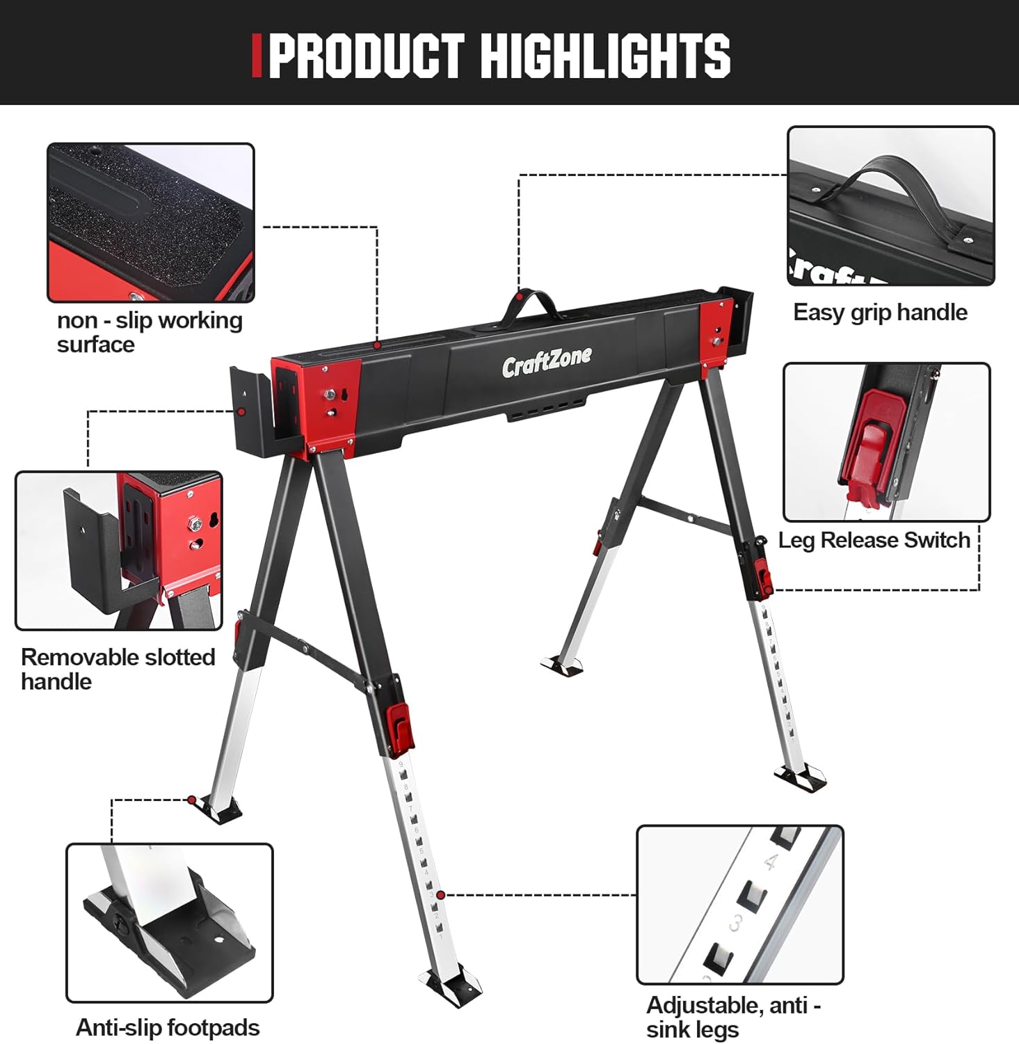 Saw Horses 2 Pack Folding Heavy Duty Tool Portable Table Saw Horse Stand Adjustable Brackets 2X4 Sawhorses Workhorse for Craftsman
