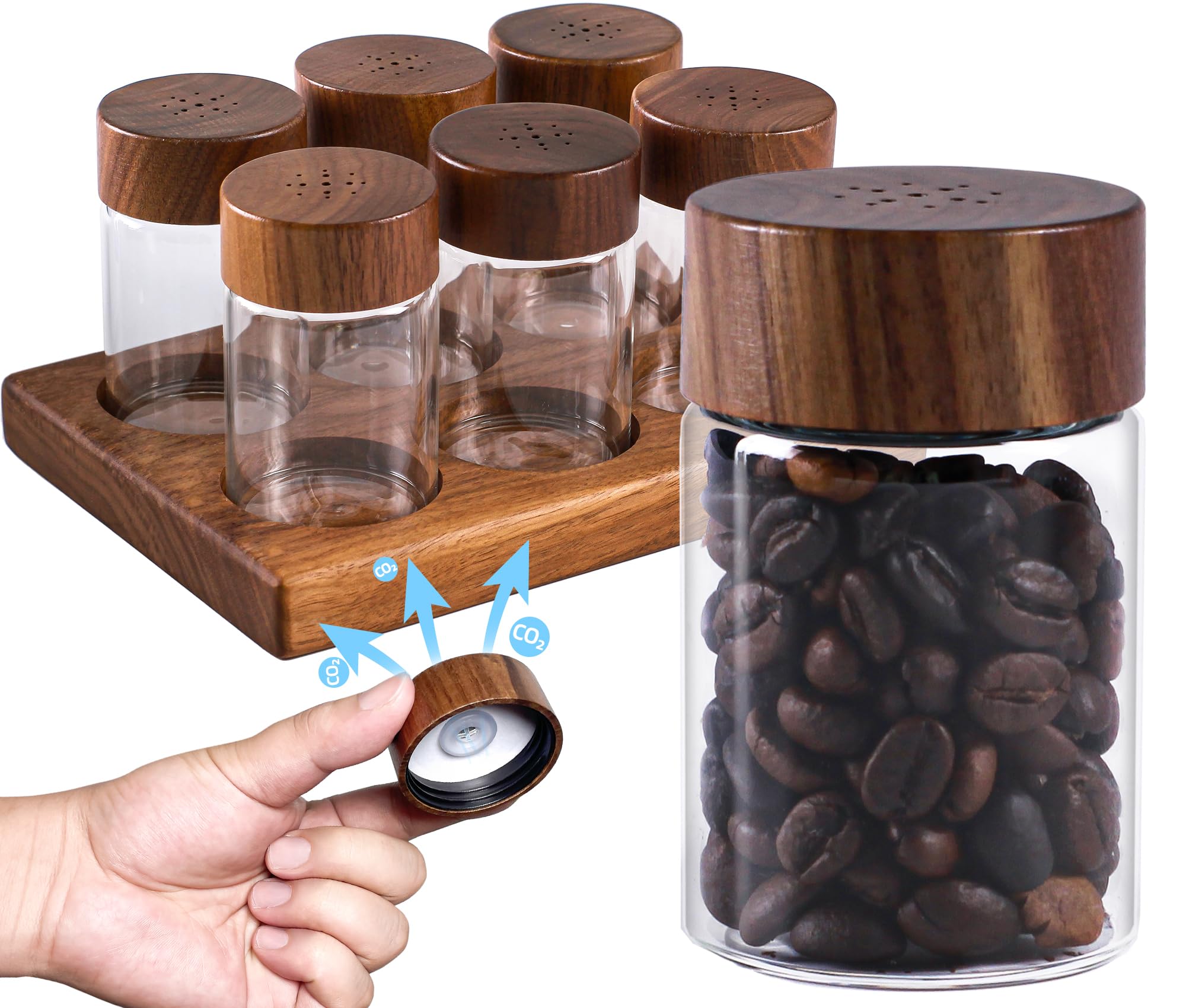 Set of 6 Airtight Coffee Bean Storage Tubes with Wooden Stand - Single Dose Coffee Bean Container Cellar for Coffee,Spices, Plants, Candy - Glass Vials for Freshness and Organization (0.7-0.88oz)