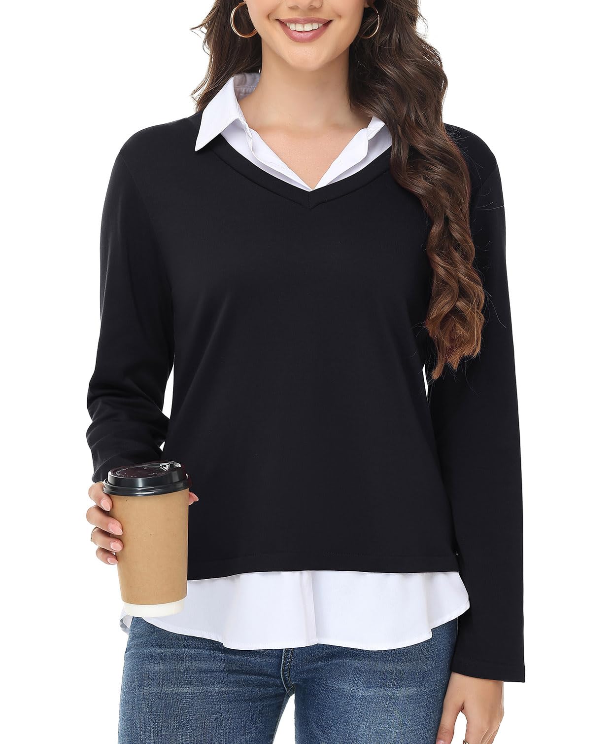 Womens Sweaters Fall Fashion 2025 V Neck Long Sleeve Collared Shirts Office Business Lightweight 2 in 1 Tops