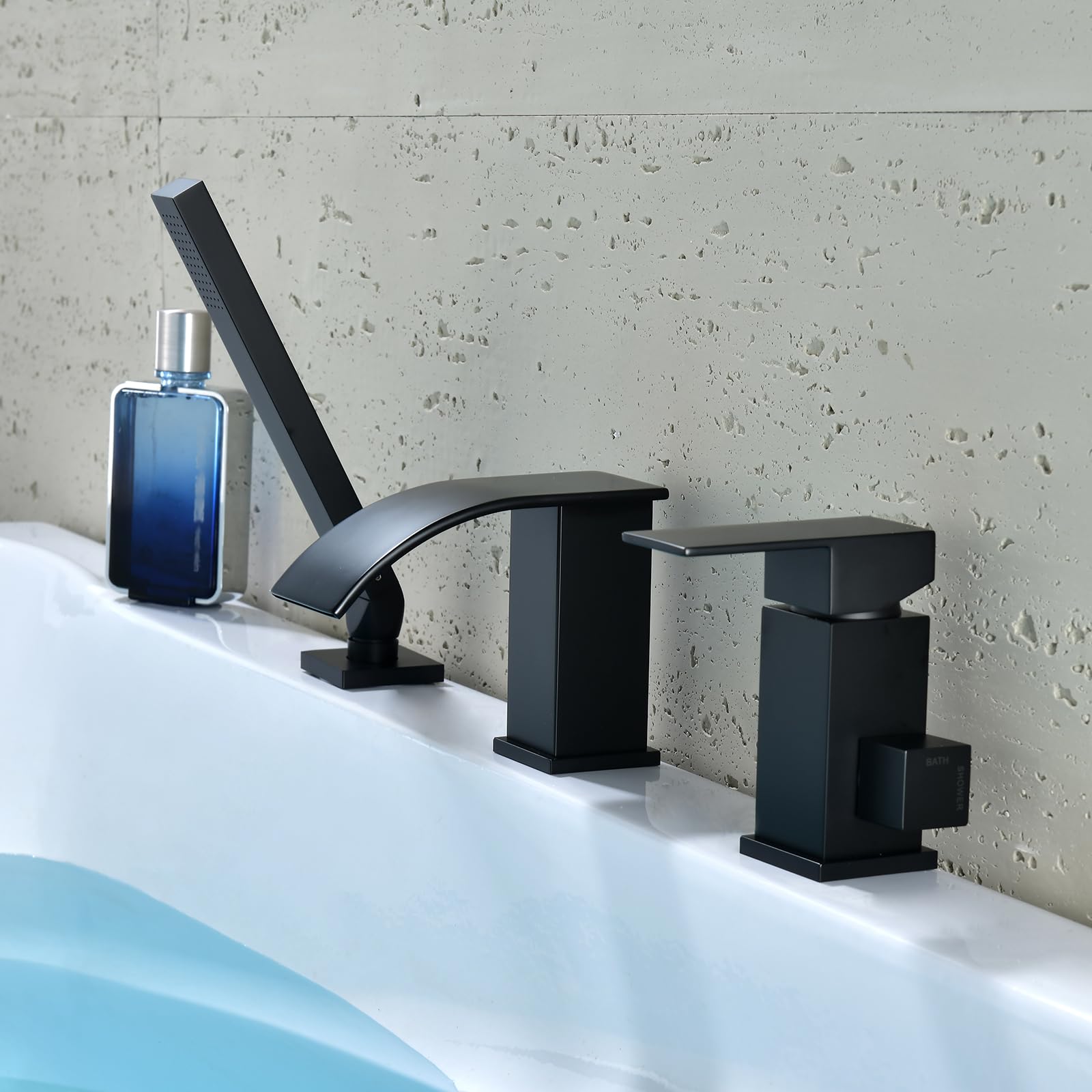 SnamicE 3 Hole Bath Mixer Tap Black Waterfall Bath Shower Mixer Taps + Shower Kit Bathtub Faucet,Black